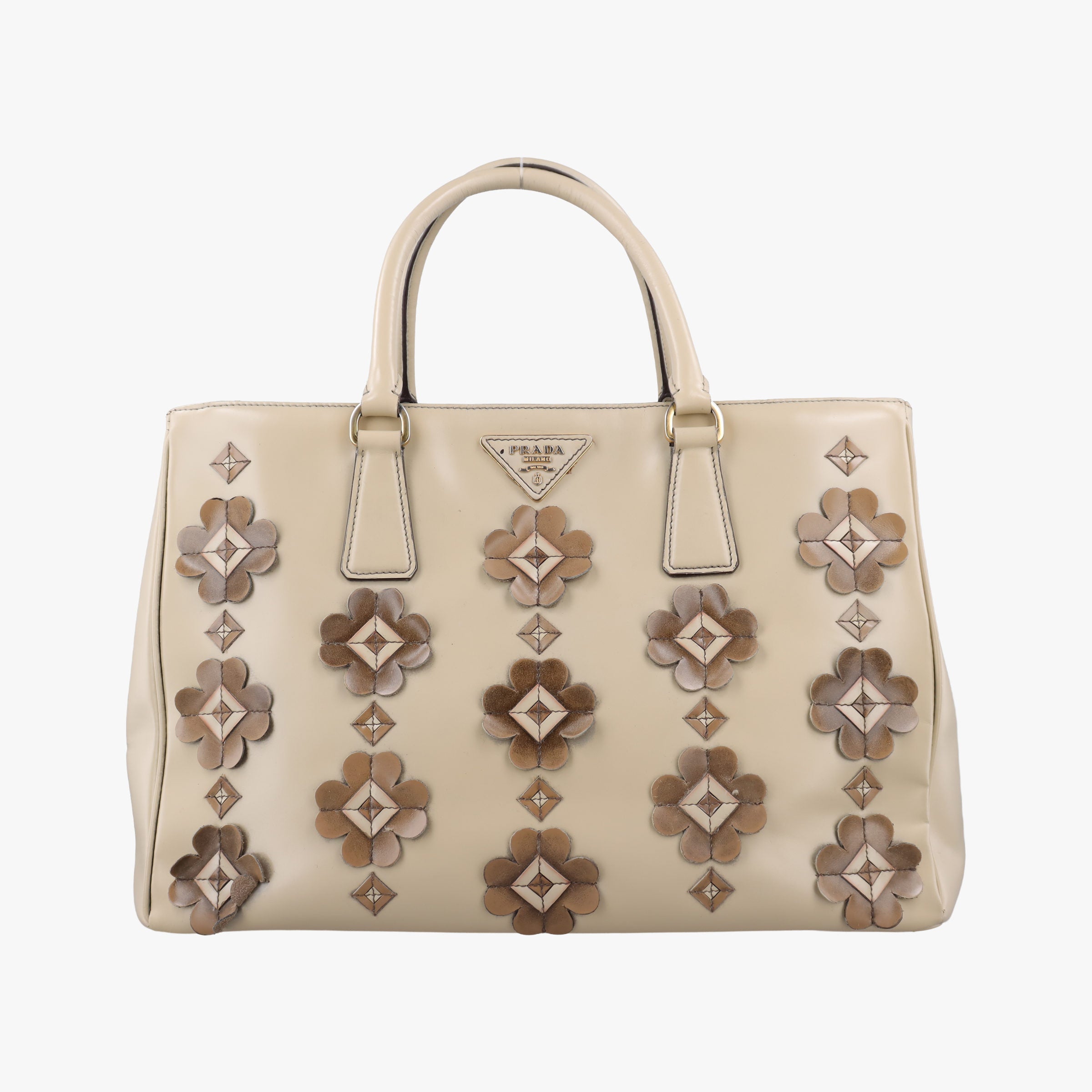 Pre-owned Prada Galleria Flowers Double Zip Beige leather B2274F handbag | stylenewstar