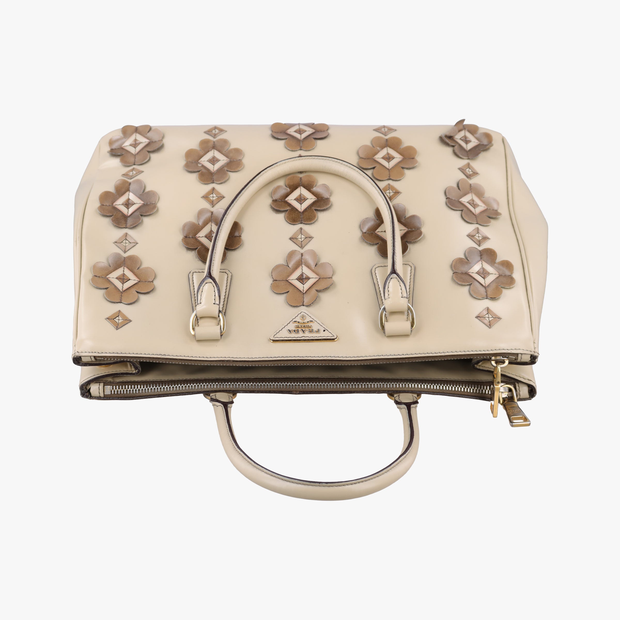 Pre-owned Prada Galleria Flowers Double Zip Beige leather B2274F handbag | stylenewstar
