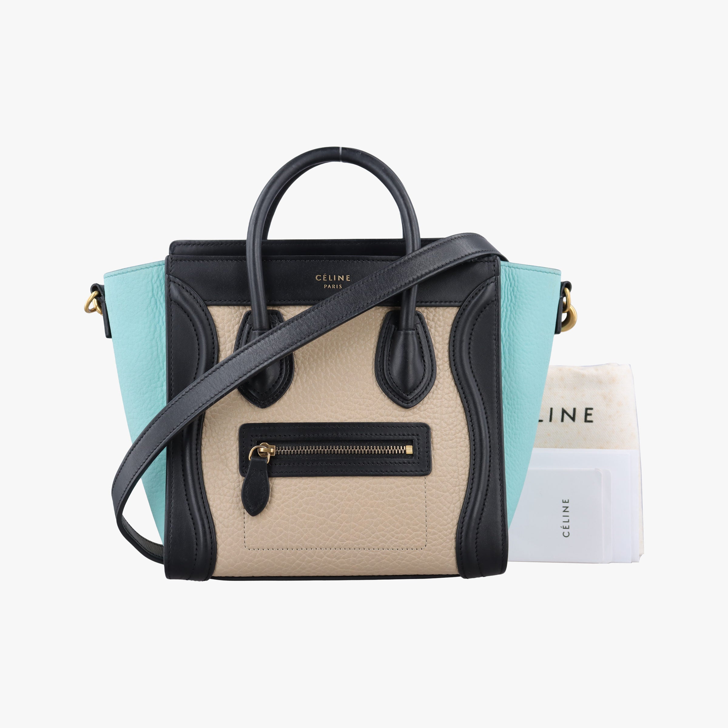 Pre-owned Celine Luggage Micro shopper Beige×black×blue Leather  shoulderbag | stylenewstar