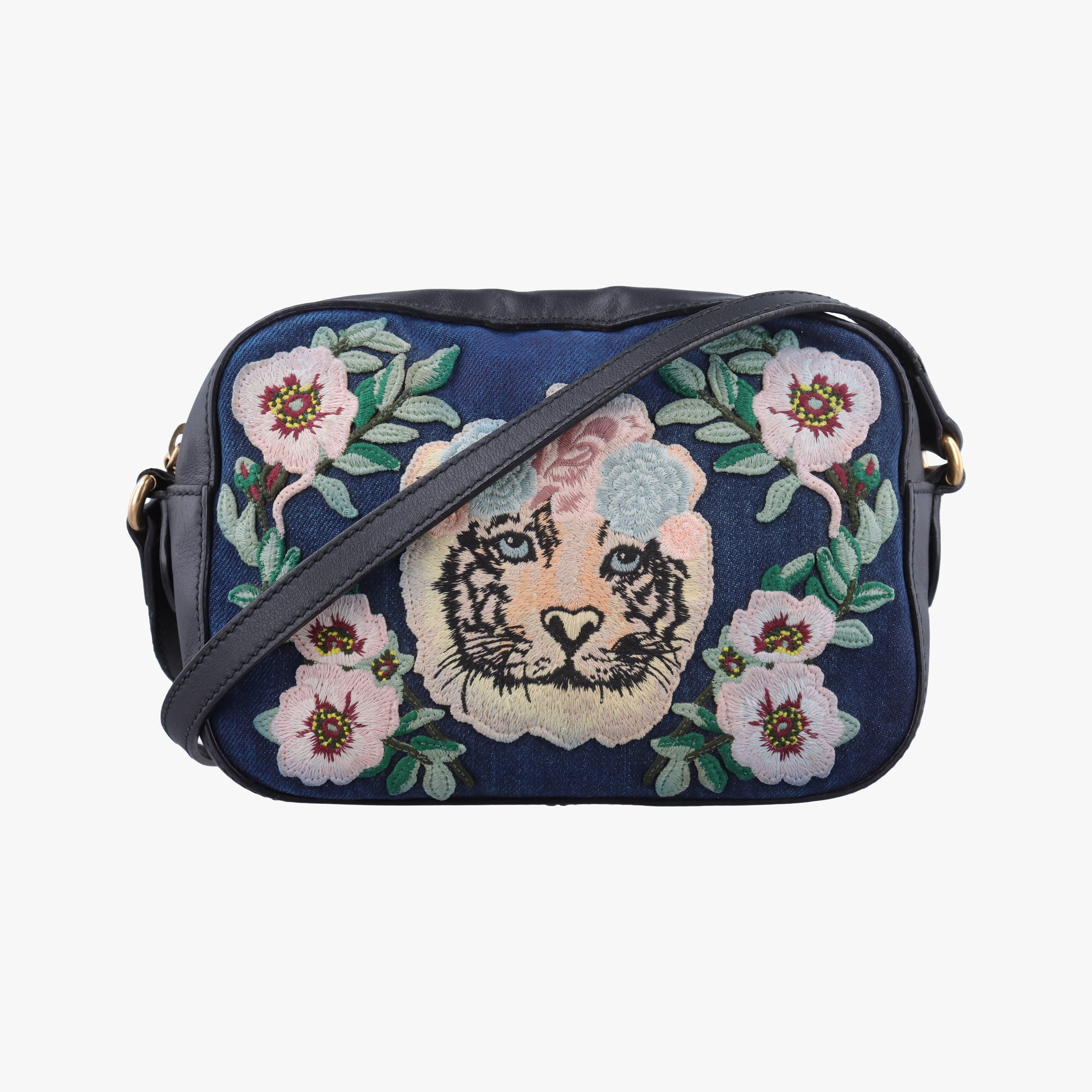 Pre-owned Gucci GG Ribbon Embroidery BluexBlack Denim×Leather 456547 shoulderbag | stylenewstar