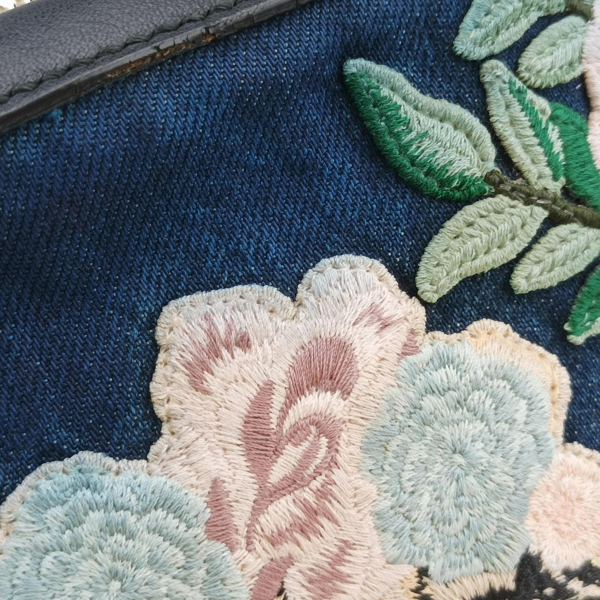 Pre-owned Gucci GG Ribbon Embroidery BluexBlack Denim×Leather 456547 shoulderbag | stylenewstar