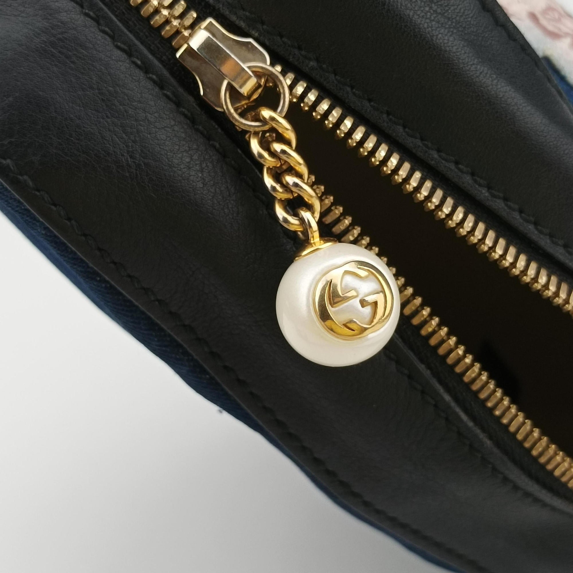 Pre-owned Gucci GG Ribbon Embroidery BluexBlack Denim×Leather 456547 shoulderbag | stylenewstar