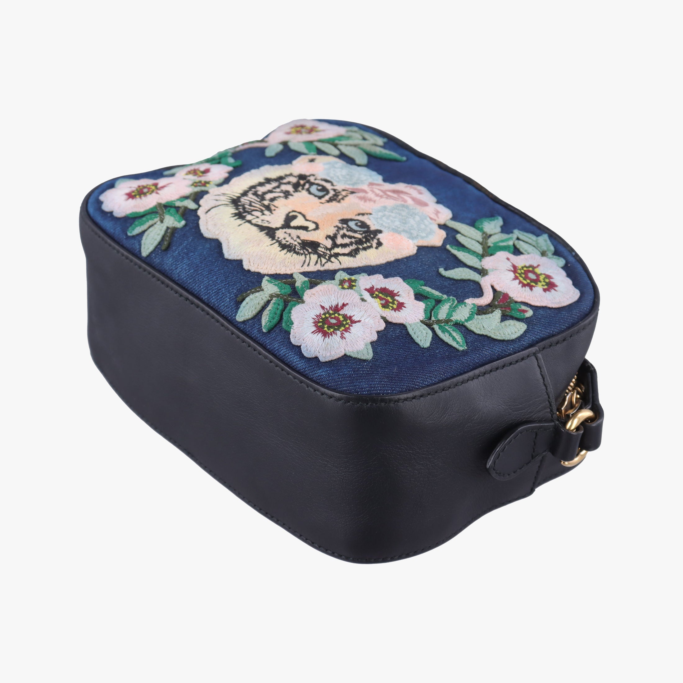 Pre-owned Gucci GG Ribbon Embroidery BluexBlack Denim×Leather 456547 shoulderbag | stylenewstar
