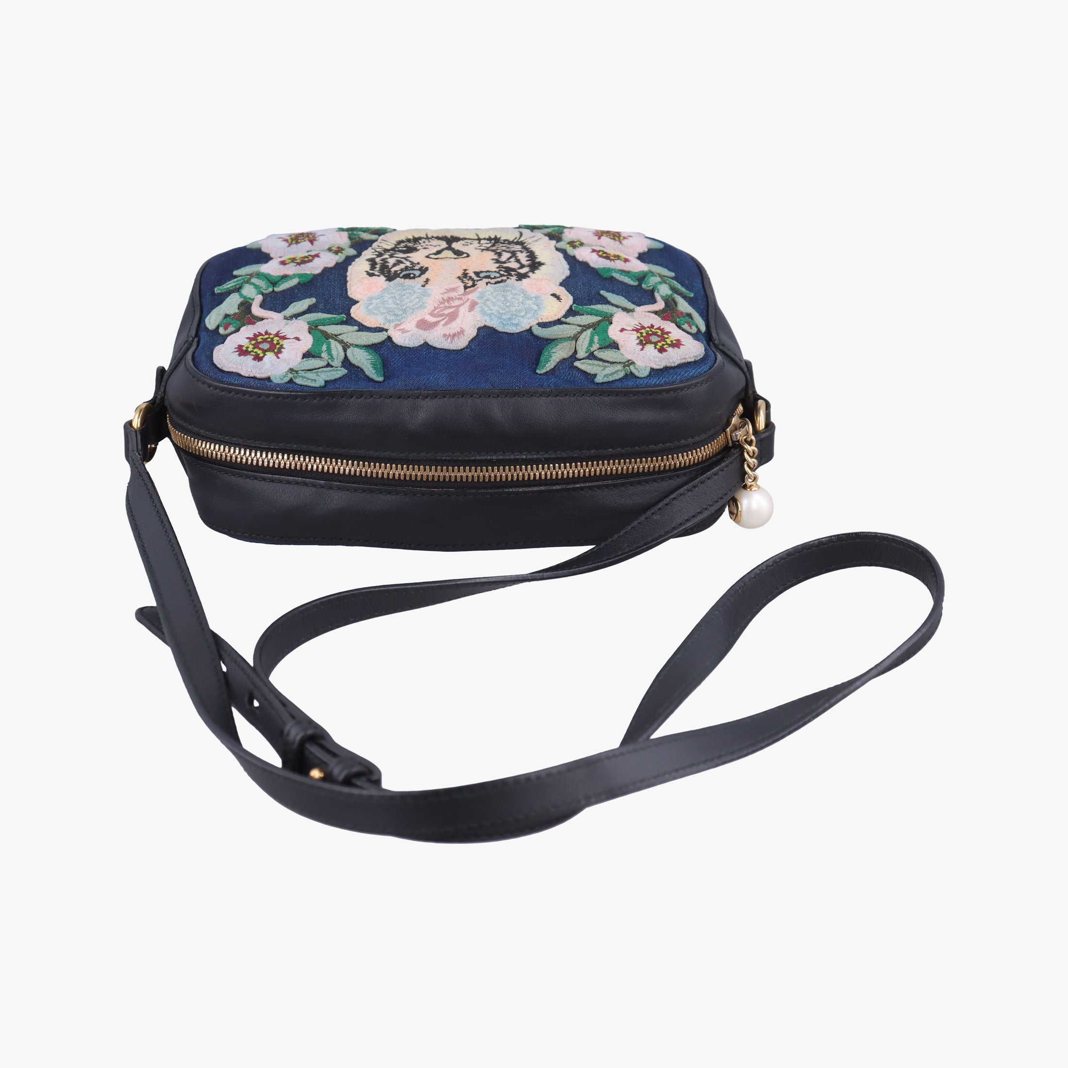 Pre-owned Gucci GG Ribbon Embroidery BluexBlack Denim×Leather 456547 shoulderbag | stylenewstar