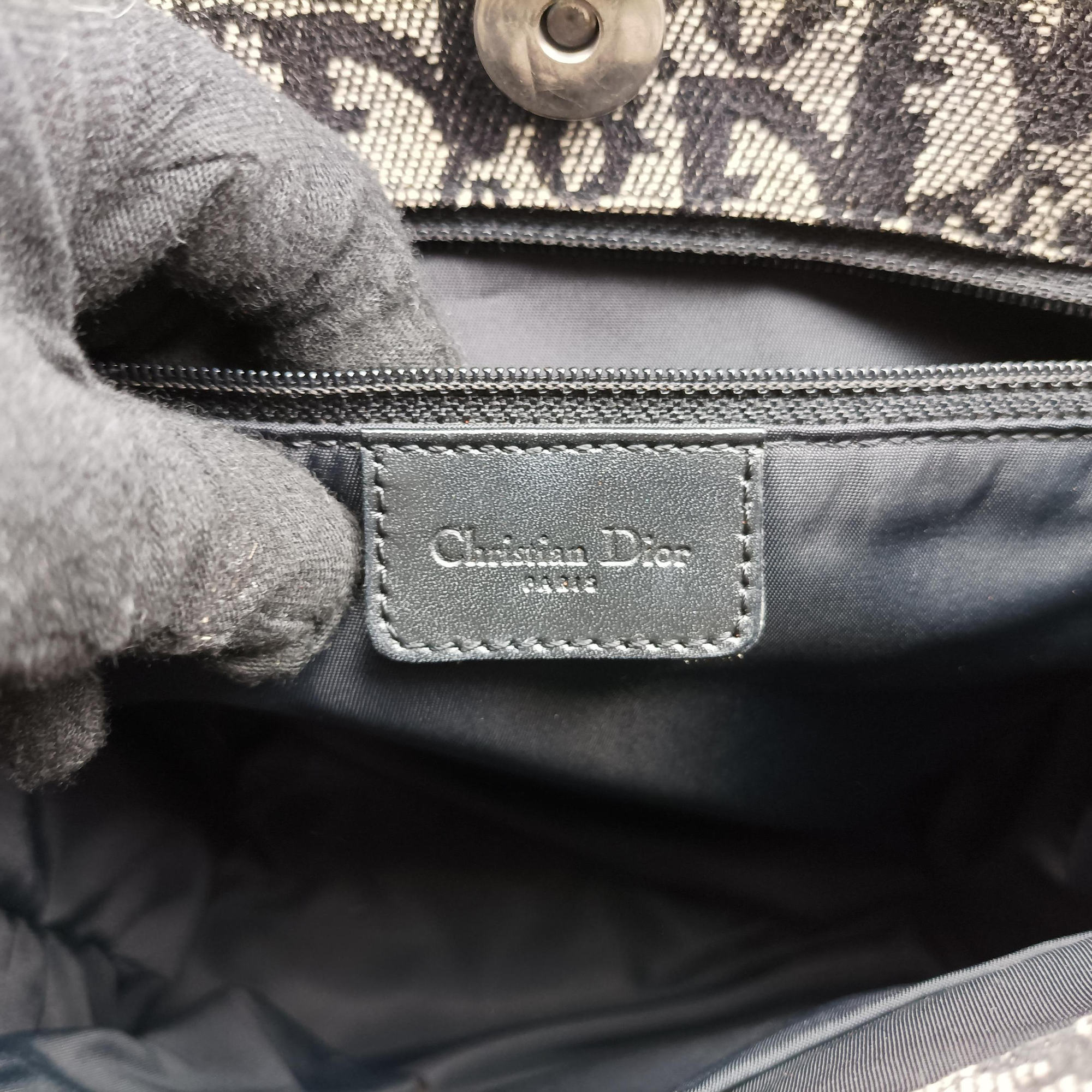Pre-owned Christian Dior Trotter Tote Navy Jacquard × Leather  handbag | stylenewstar