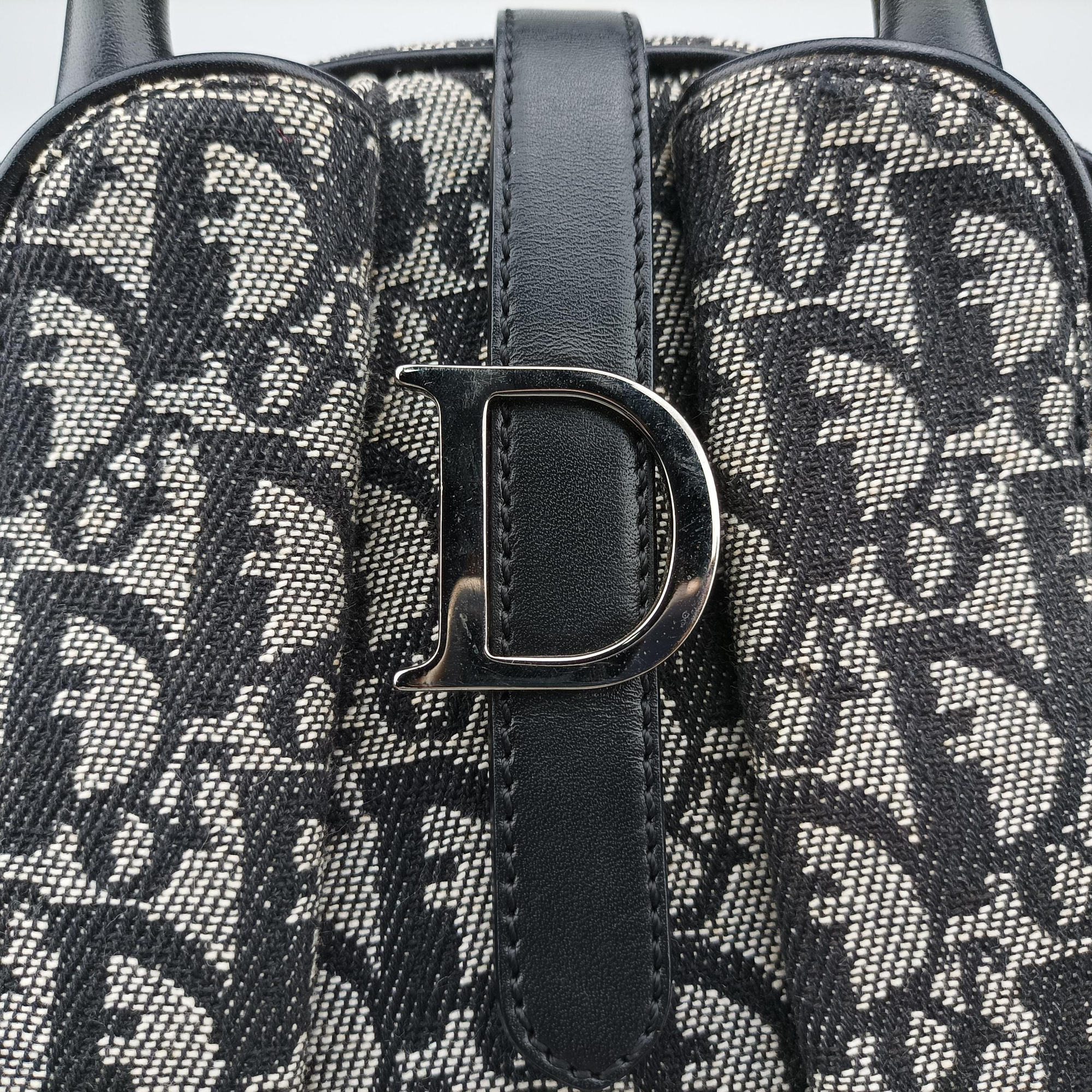 Pre-owned Christian Dior double saddlebag Navy Jacquard × Leather  handbag | stylenewstar