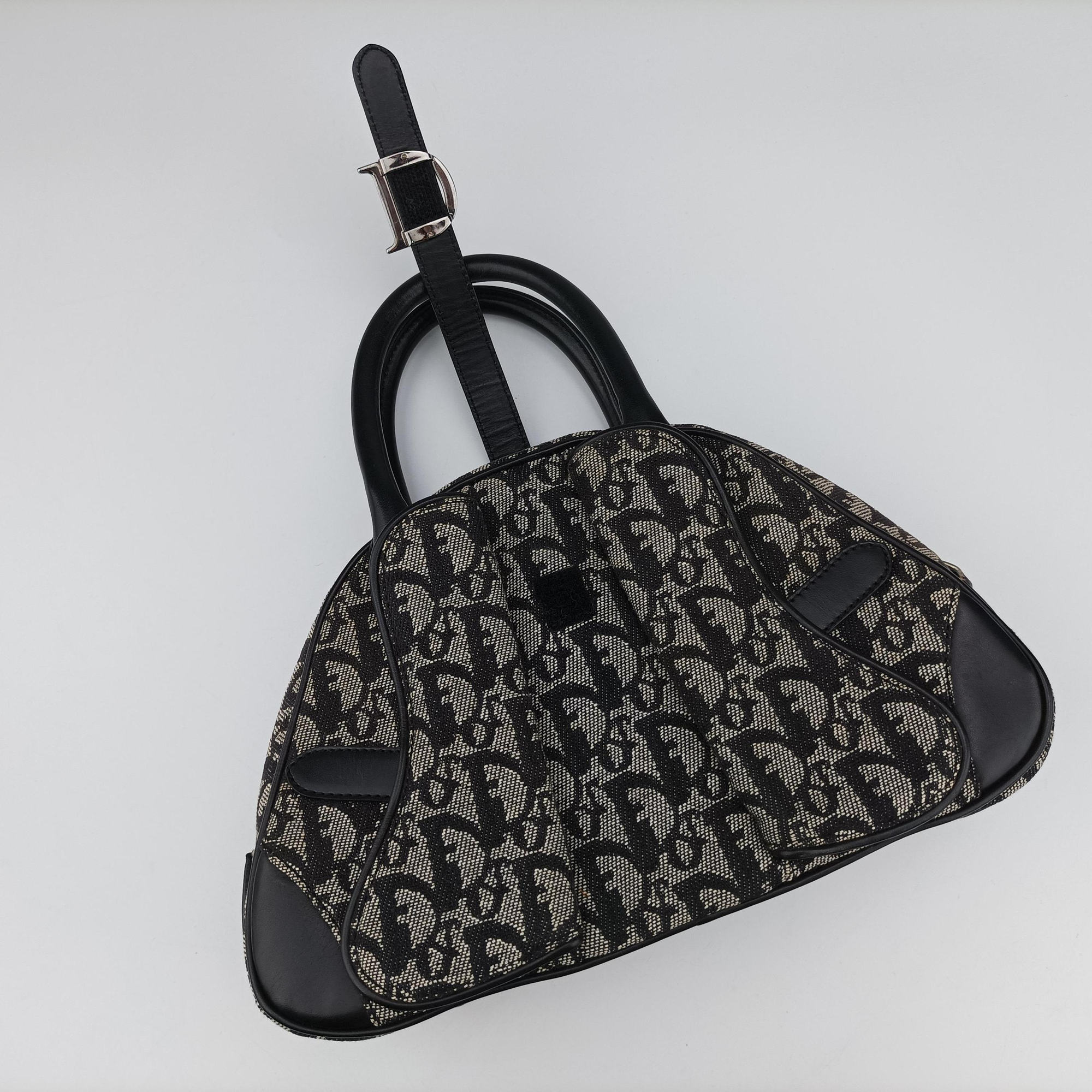 Pre-owned Christian Dior double saddlebag Navy Jacquard × Leather  handbag | stylenewstar