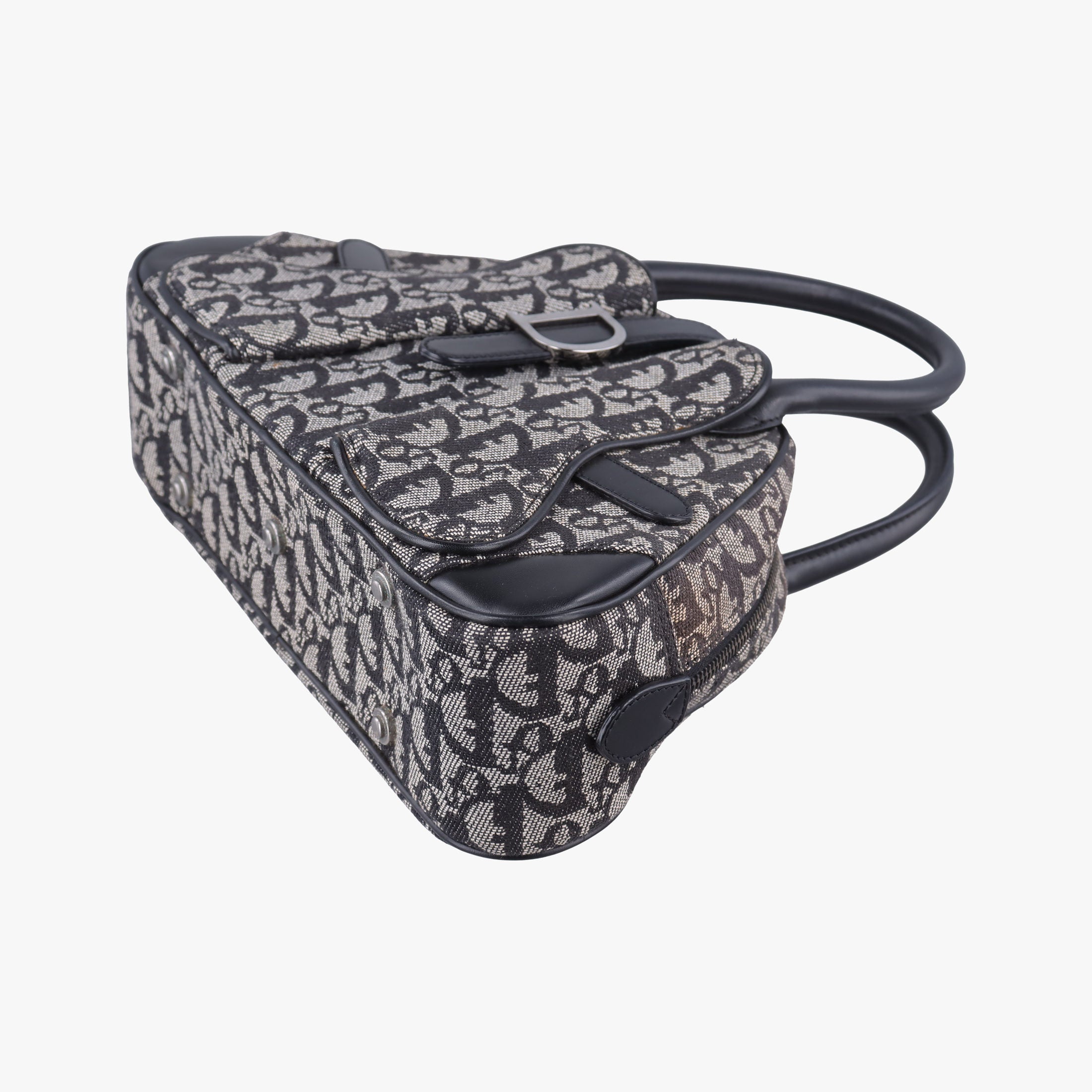 Pre-owned Christian Dior double saddlebag Navy Jacquard × Leather  handbag | stylenewstar