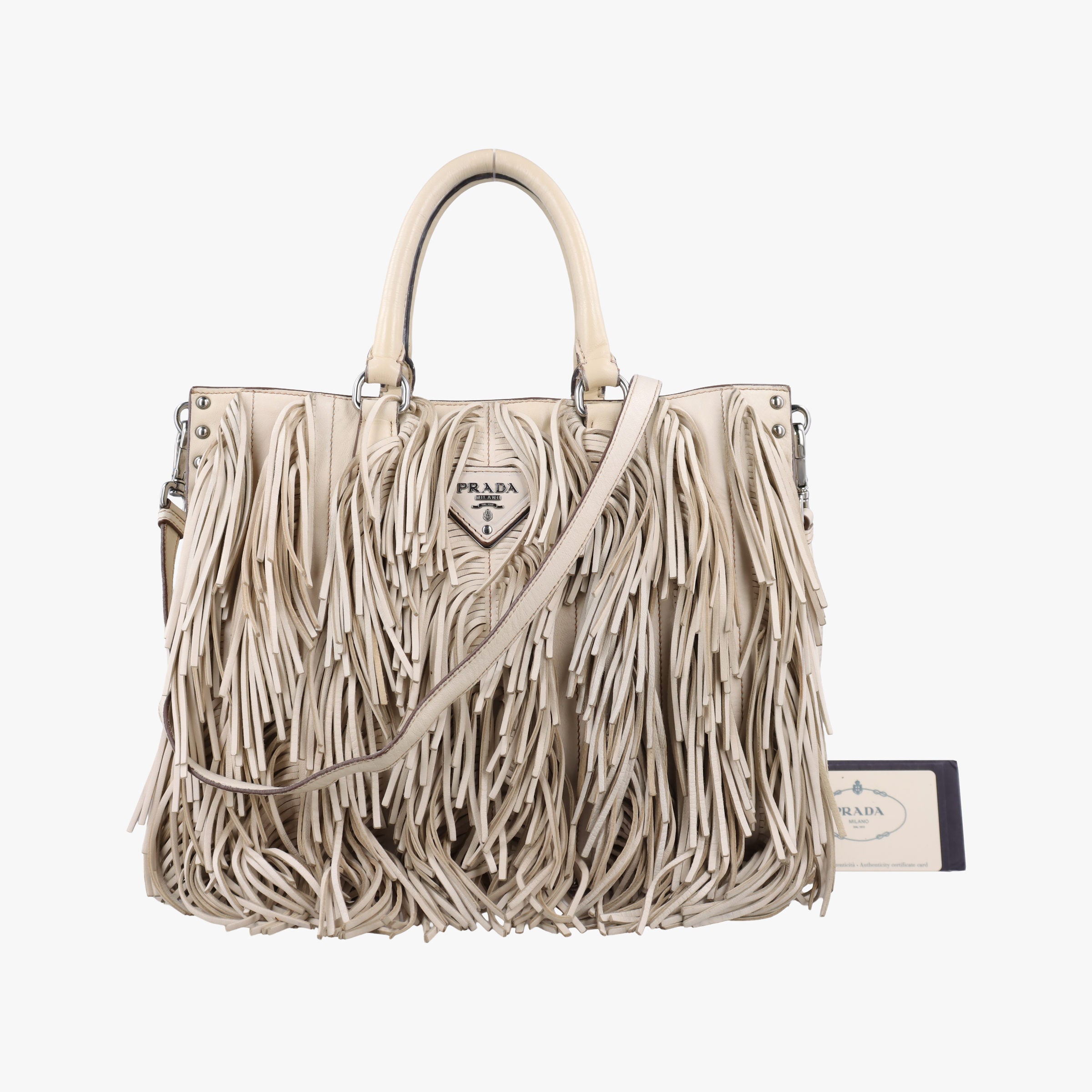 Pre-owned Prada fringe Beige Leather BN1509 shoulderbag | stylenewstar