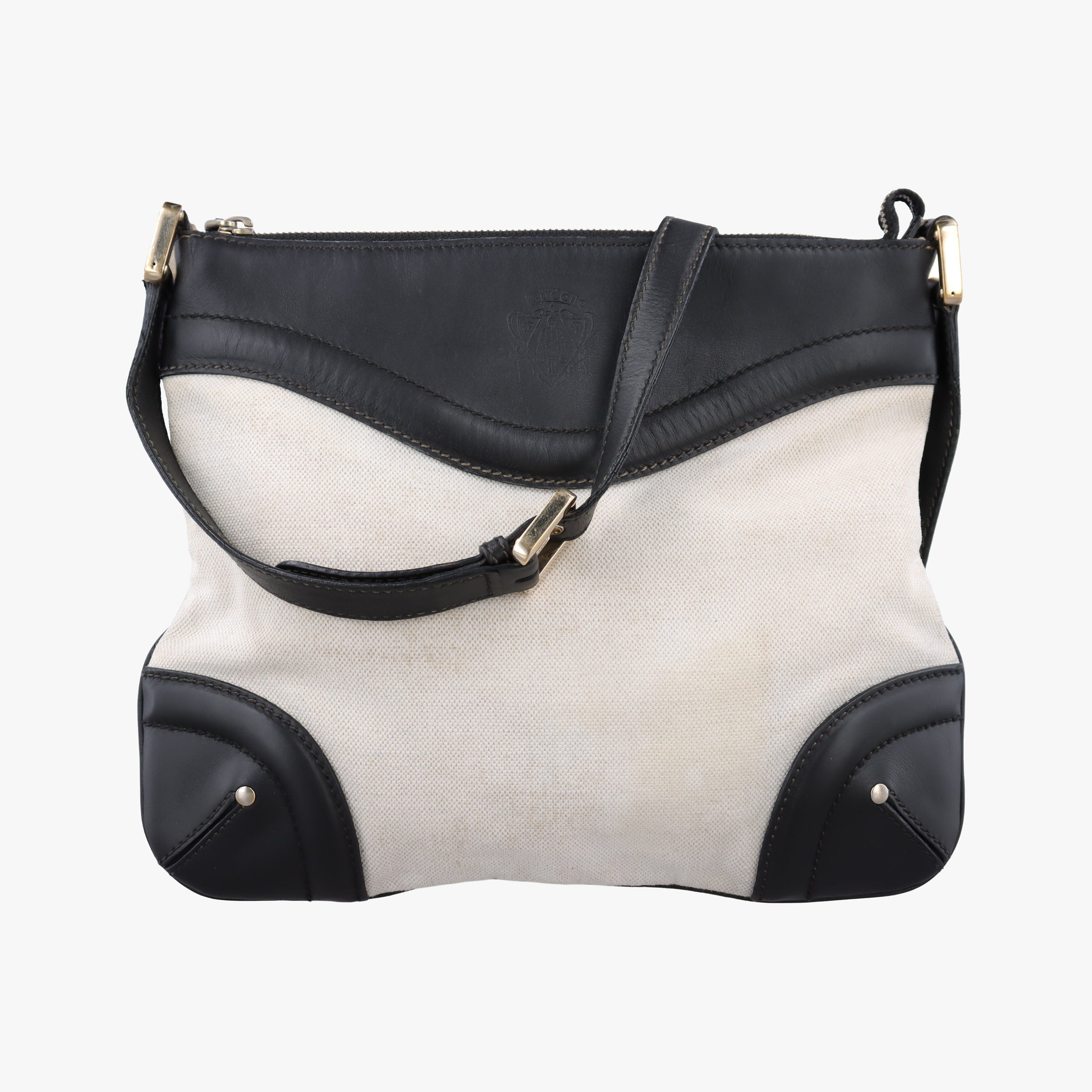 Pre-owned Gucci Crest Ivory × Black Leather×Canvas 141446 shoulderbag | stylenewstar