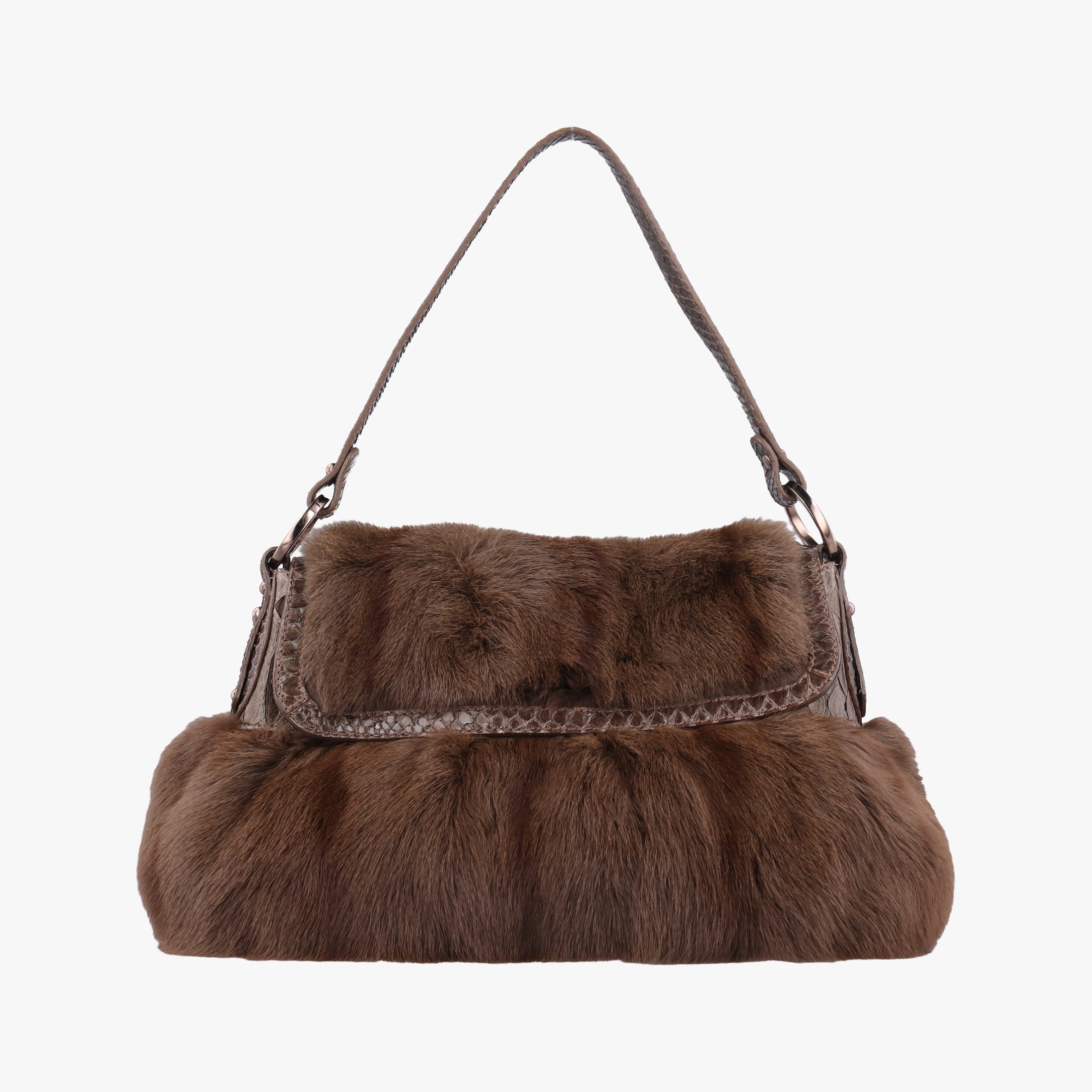 Pre-owned Fendi Chef Brown Mink Fur × Python 8BR445 handbag | stylenewstar