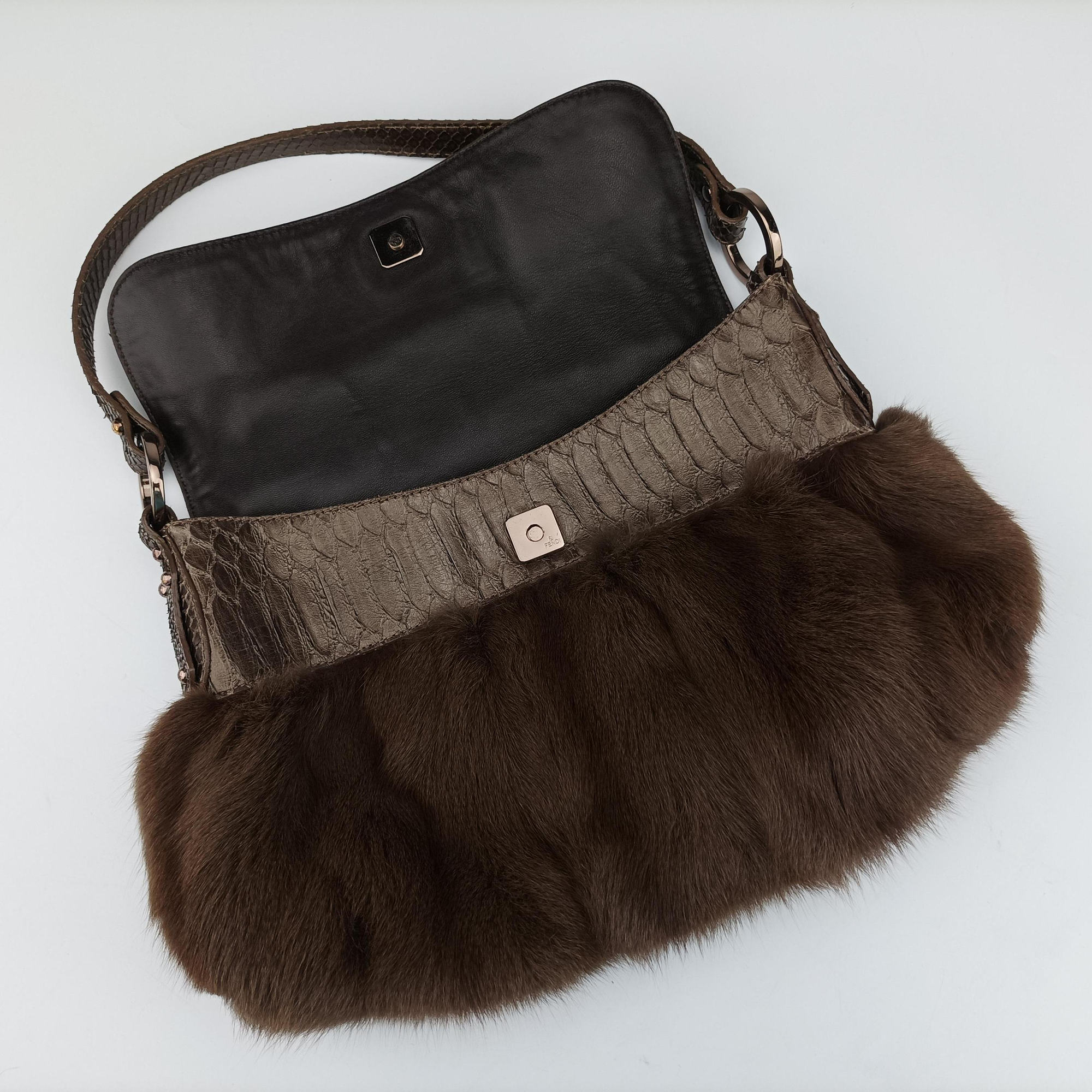 Pre-owned Fendi Chef Brown Mink Fur × Python 8BR445 handbag | stylenewstar
