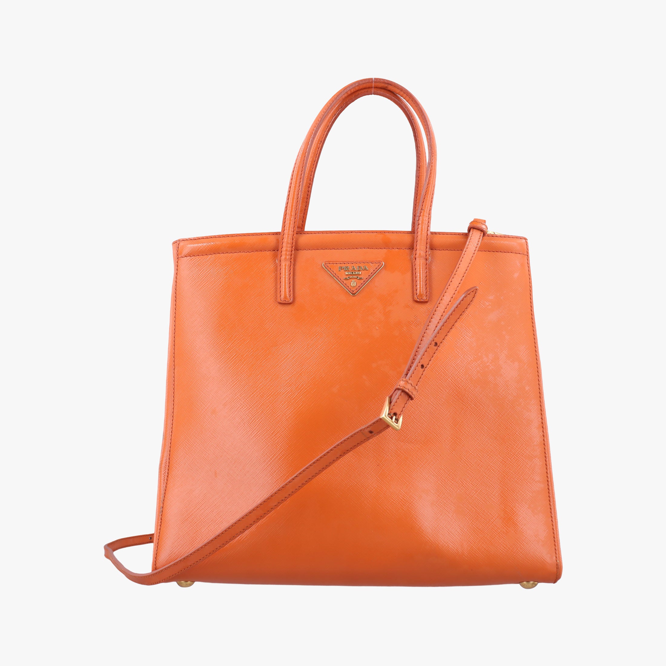 Pre-owned Prada Tote Orange Patent Saffiano Leather BN2411 shoulderbag | stylenewstar