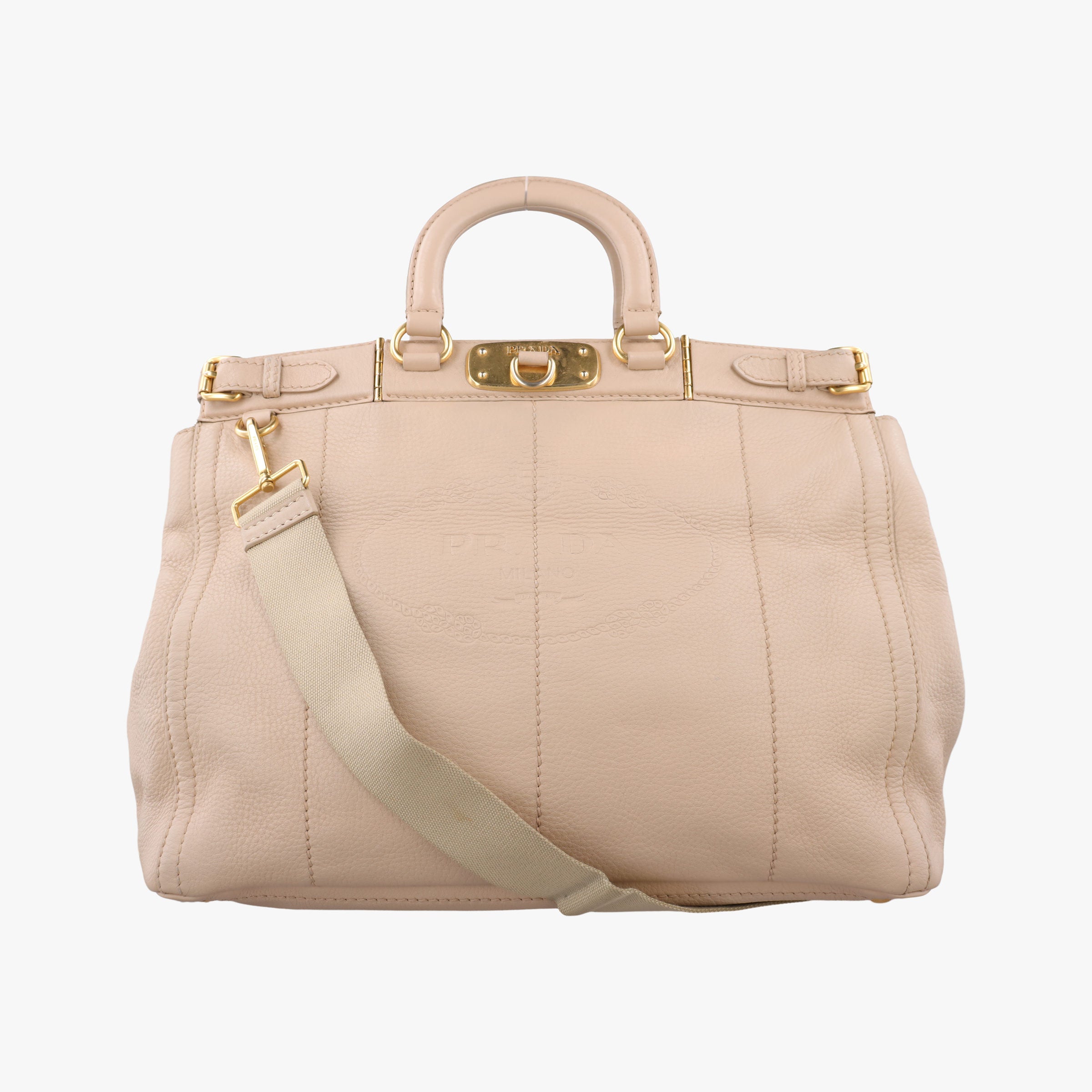 Pre-owned Prada Cervo Frame Satchel Beige Leather  shoulderbag | stylenewstar