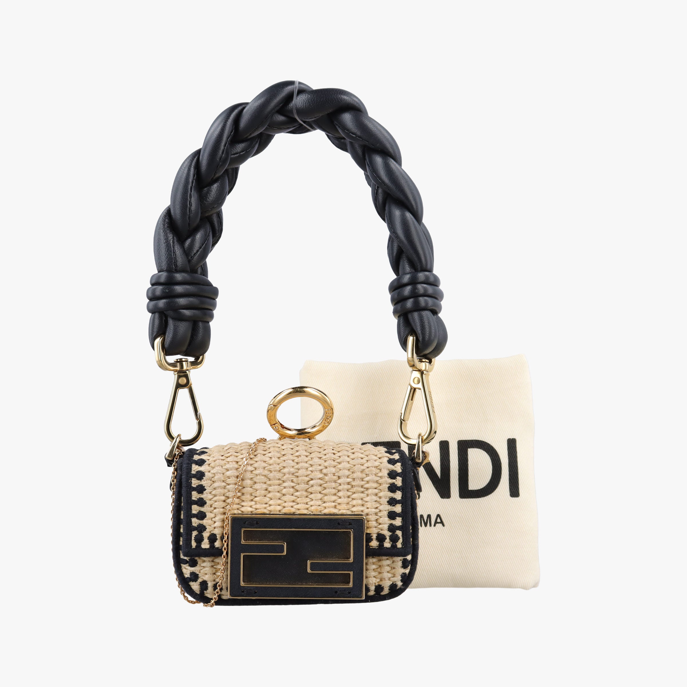 Pre-owned Fendi Nano Baguette Charm BlackxBeige RaffiaxLeather 7AR996 handbag | stylenewstar