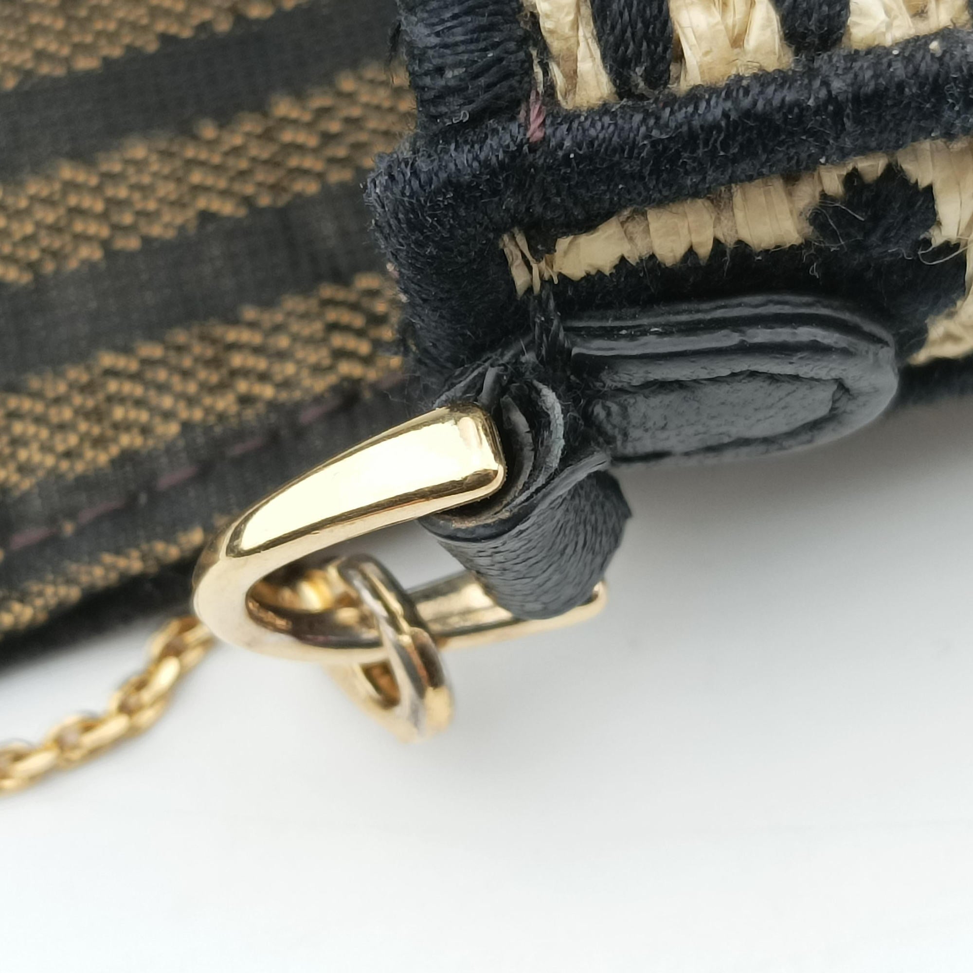 Pre-owned Fendi Nano Baguette Charm BlackxBeige RaffiaxLeather 7AR996 handbag | stylenewstar