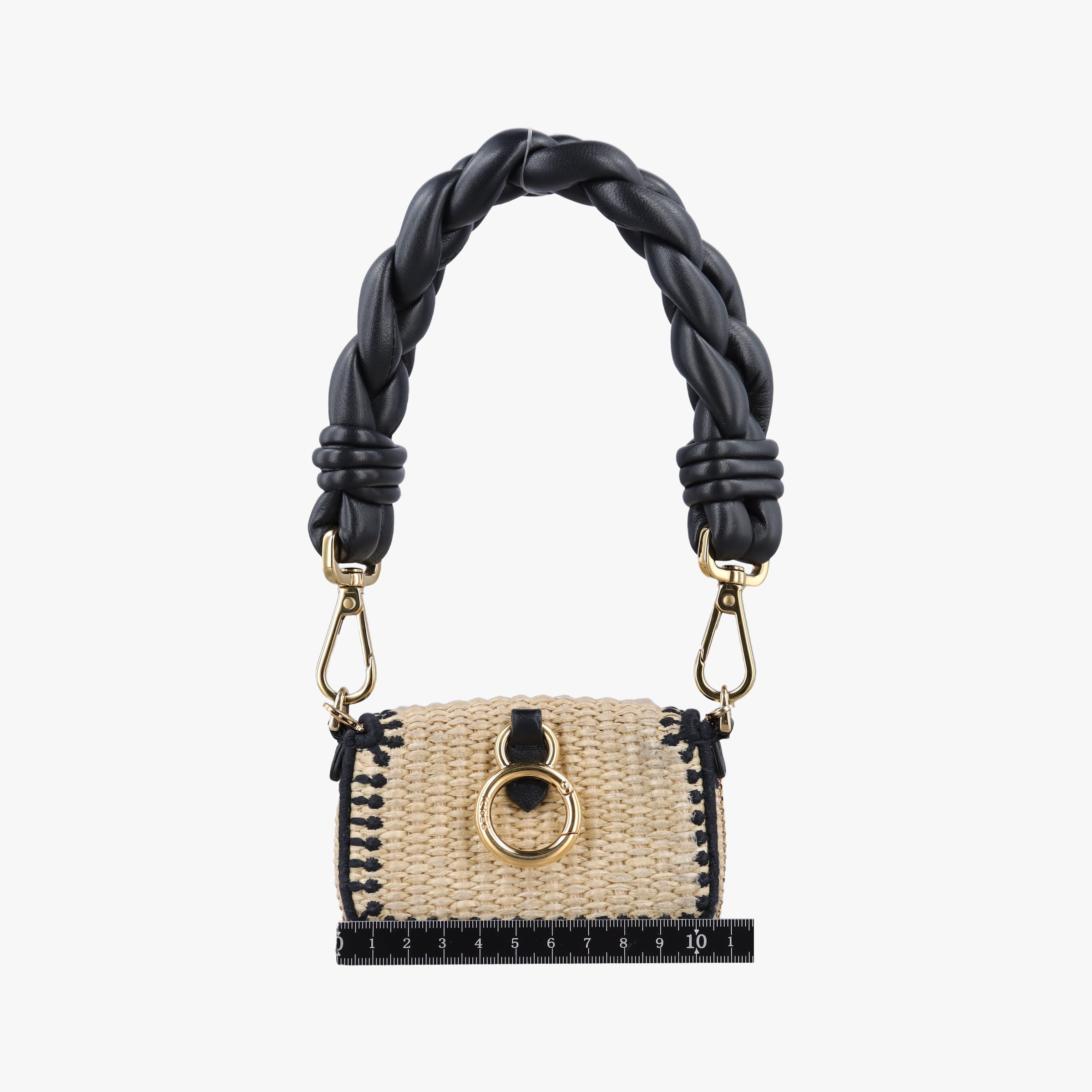 Pre-owned Fendi Nano Baguette Charm BlackxBeige RaffiaxLeather 7AR996 handbag | stylenewstar