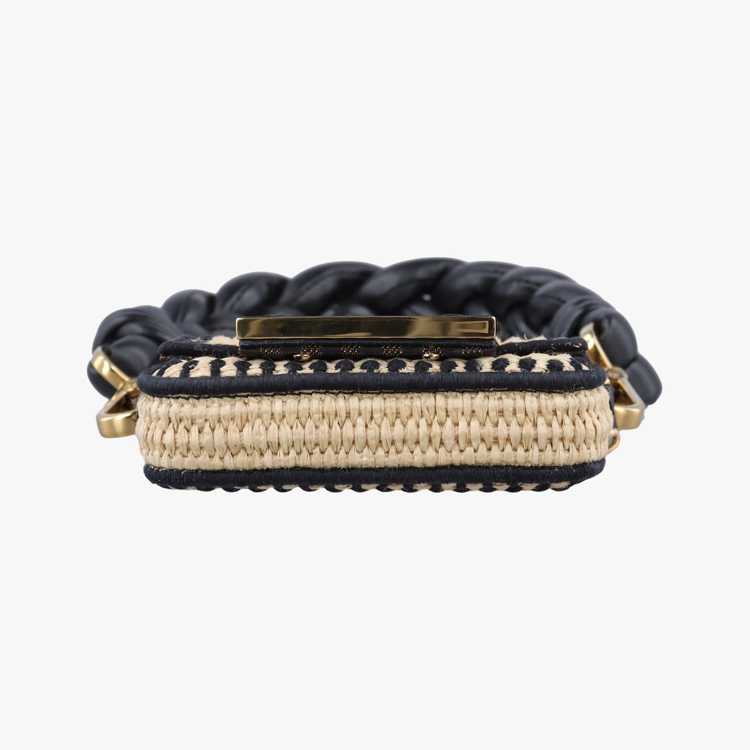 Pre-owned Fendi Nano Baguette Charm BlackxBeige RaffiaxLeather 7AR996 handbag | stylenewstar