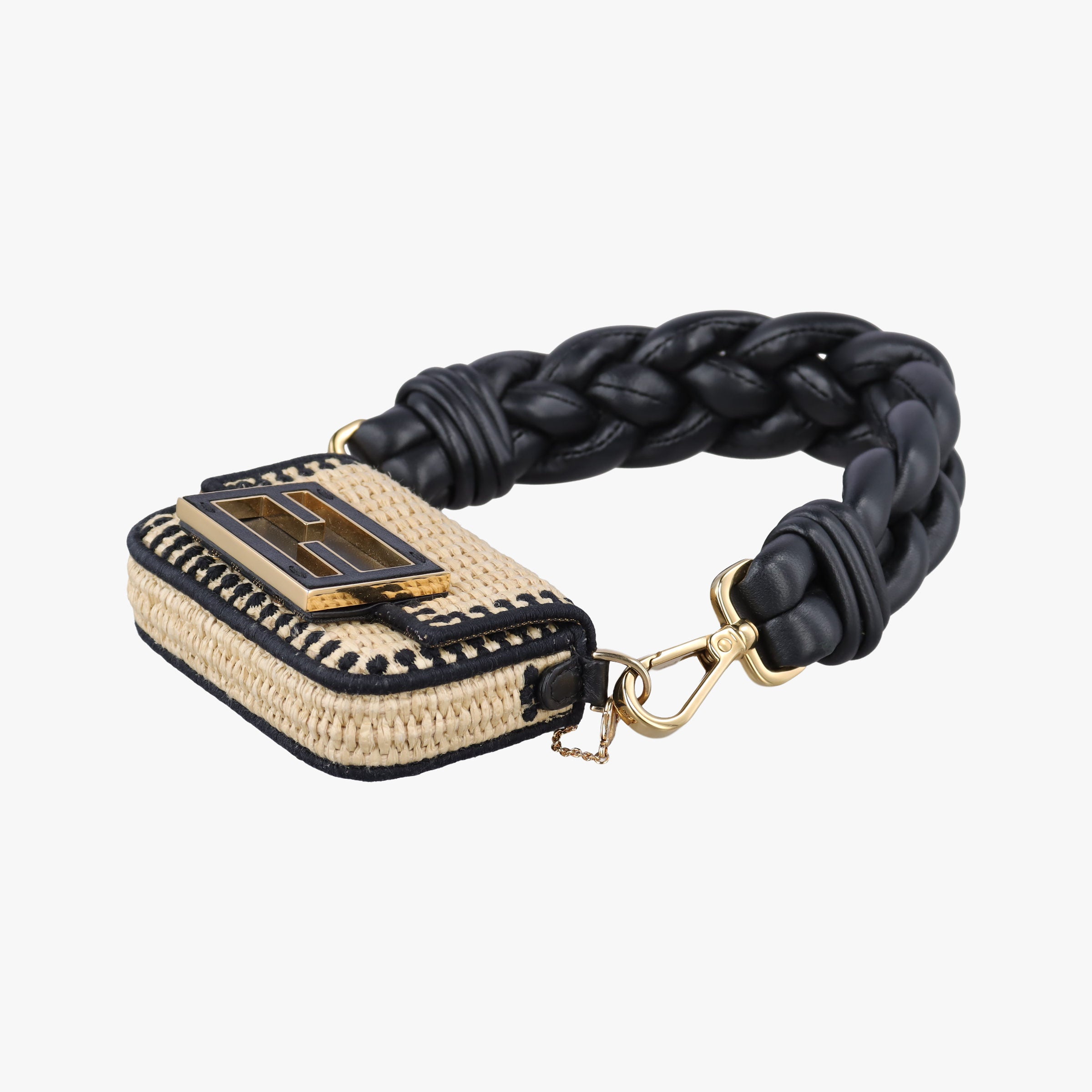 Pre-owned Fendi Nano Baguette Charm BlackxBeige RaffiaxLeather 7AR996 handbag | stylenewstar