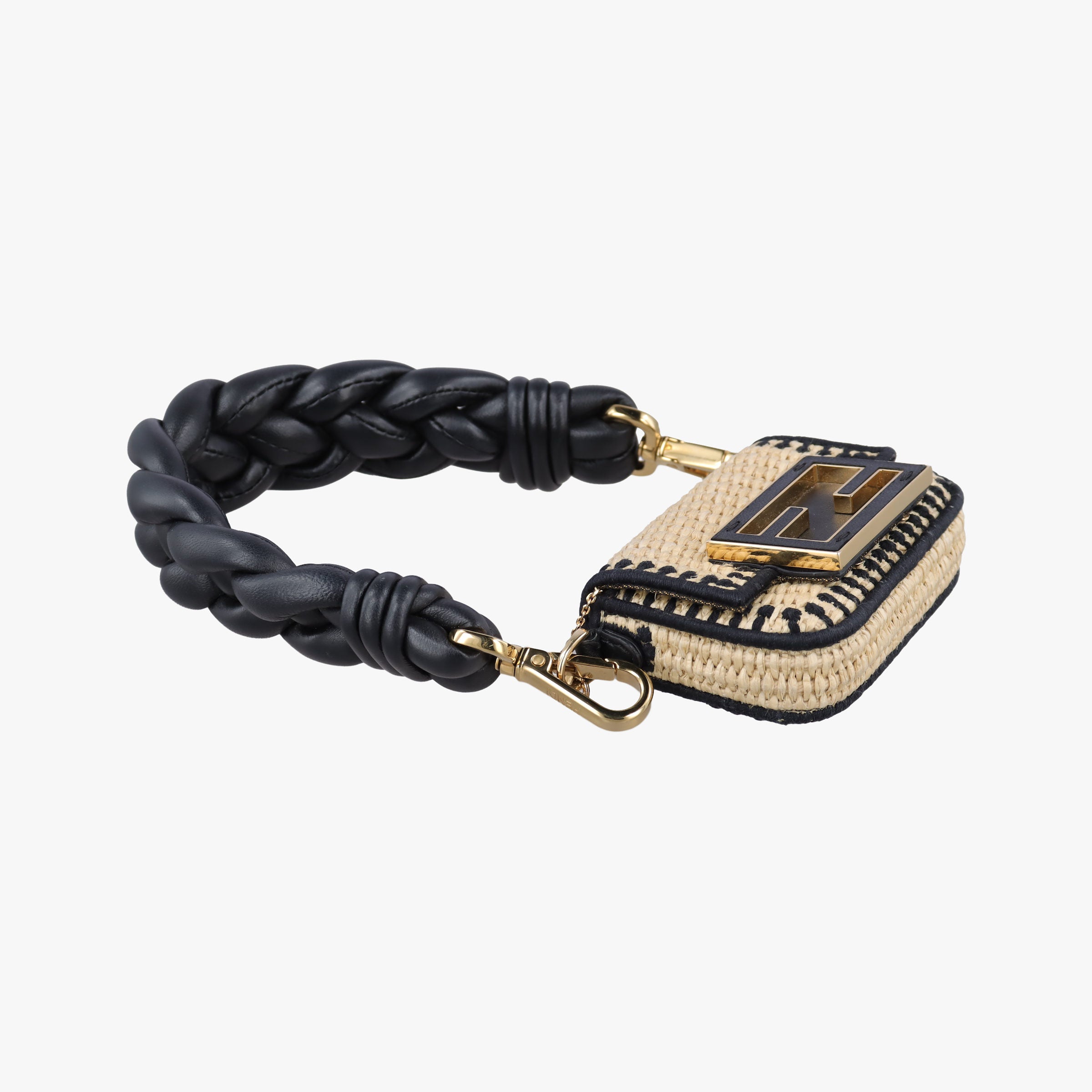 Pre-owned Fendi Nano Baguette Charm BlackxBeige RaffiaxLeather 7AR996 handbag | stylenewstar