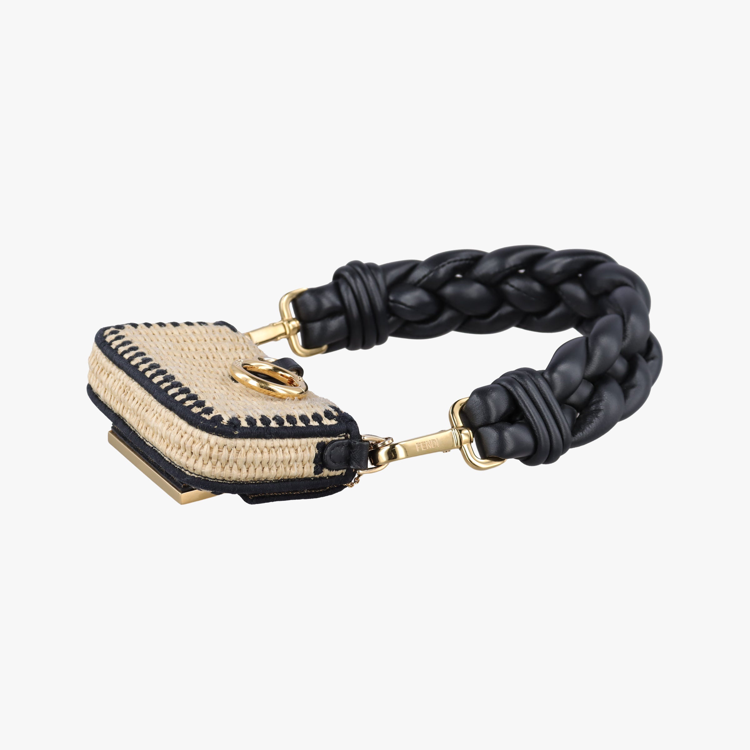 Pre-owned Fendi Nano Baguette Charm BlackxBeige RaffiaxLeather 7AR996 handbag | stylenewstar