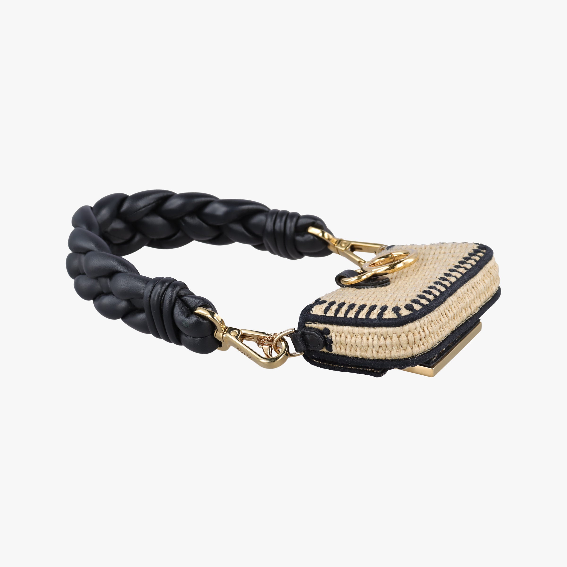 Pre-owned Fendi Nano Baguette Charm BlackxBeige RaffiaxLeather 7AR996 handbag | stylenewstar