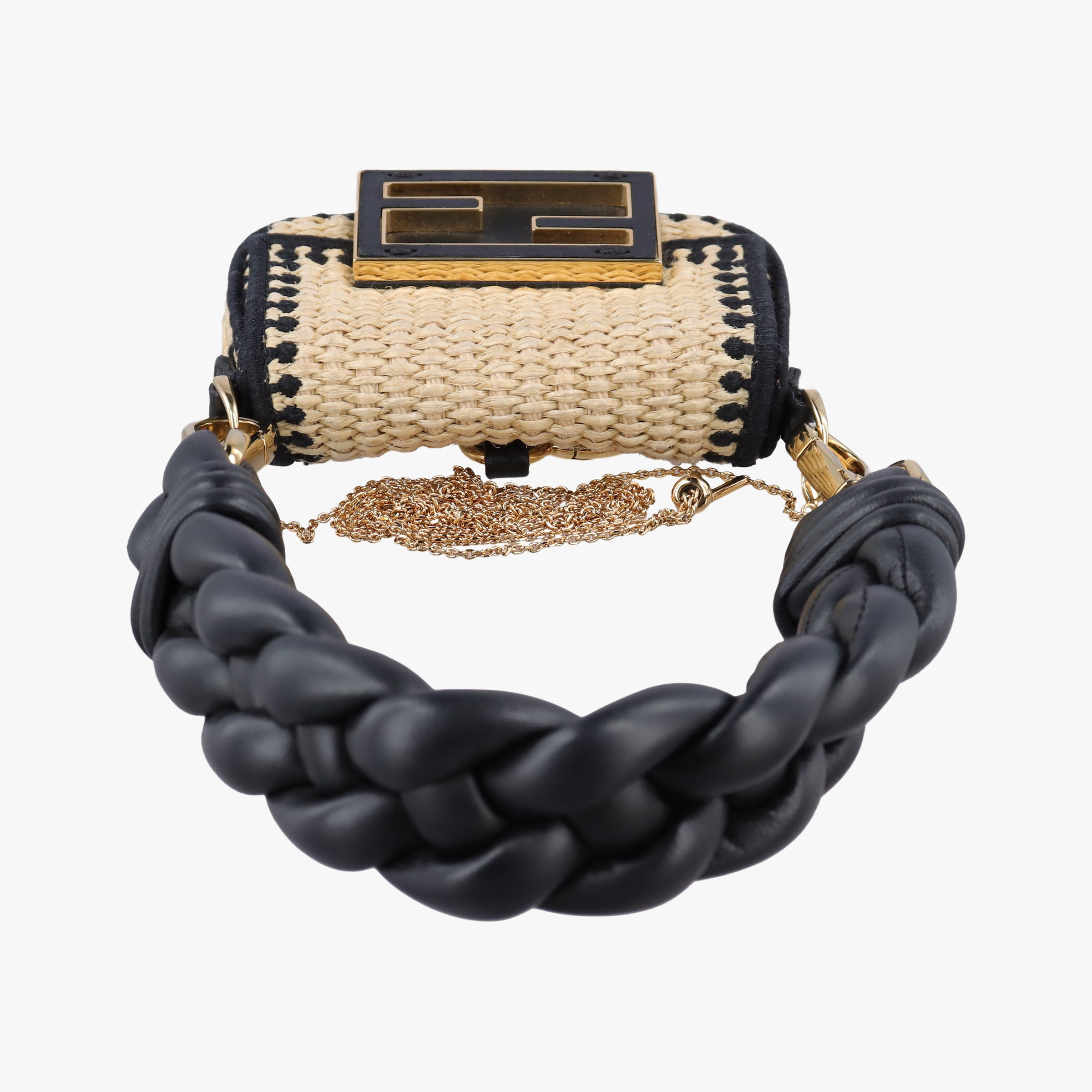 Pre-owned Fendi Nano Baguette Charm BlackxBeige RaffiaxLeather 7AR996 handbag | stylenewstar