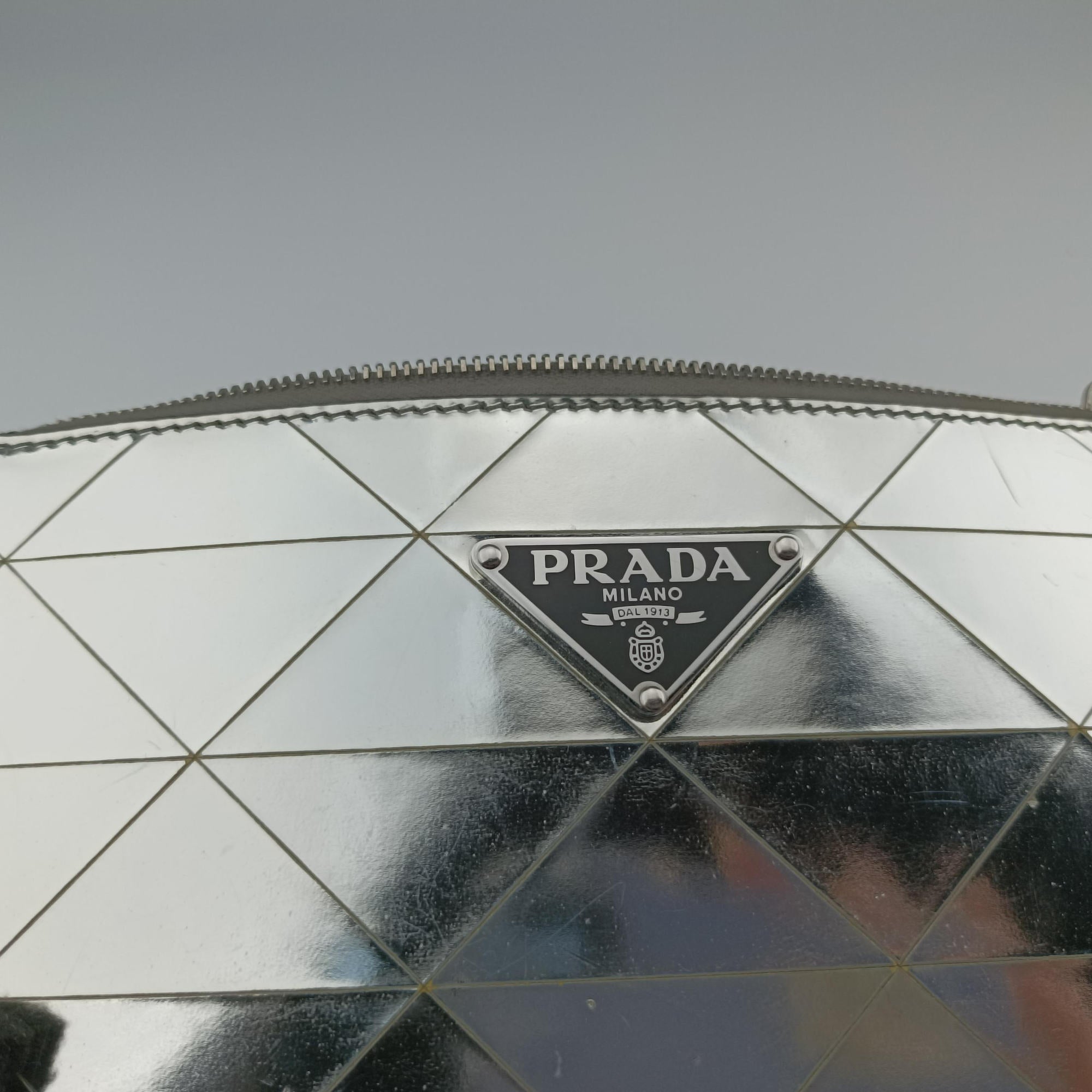 Vintage Prada Metal Triangle Logo silver Enamel  shoulderbag | stylenewstar