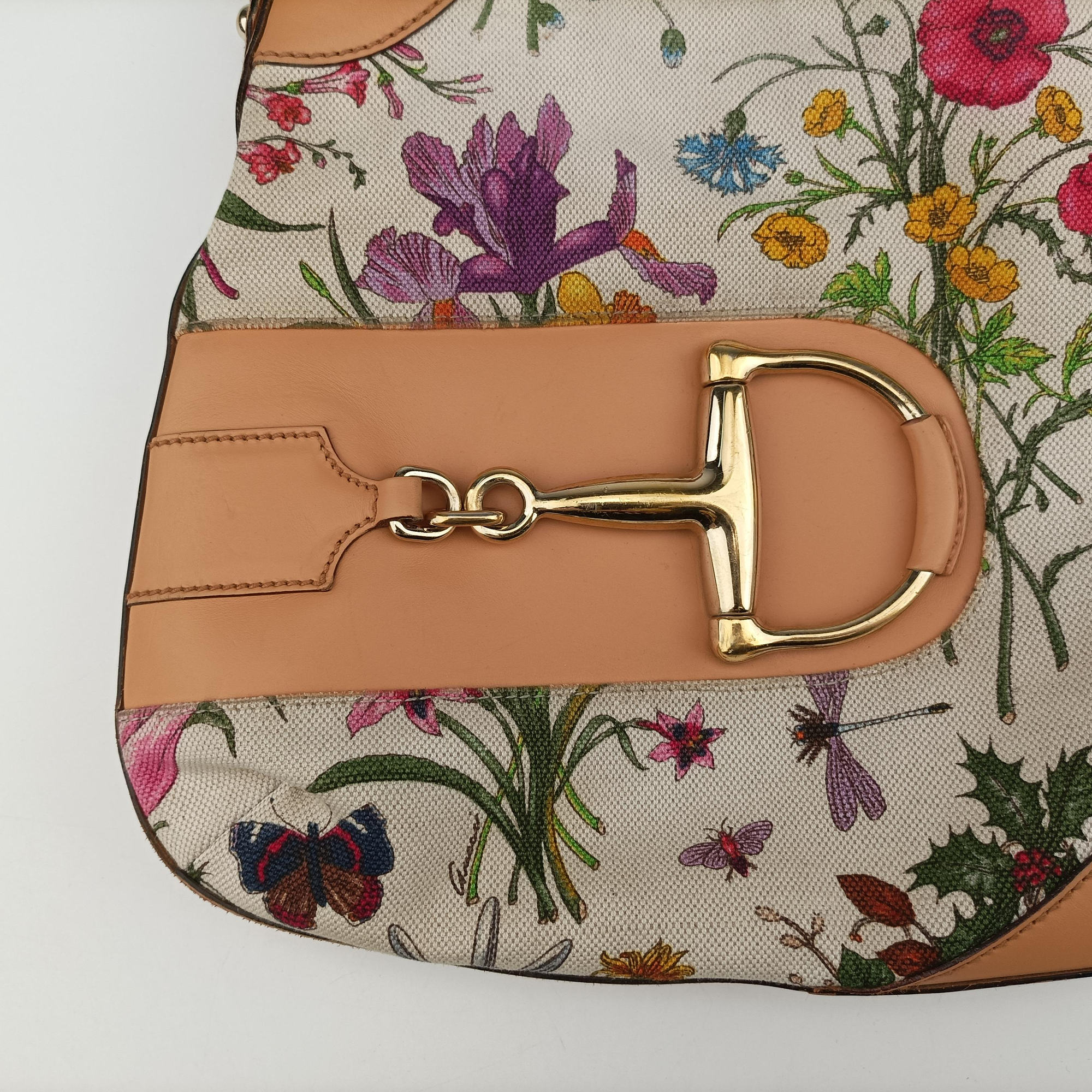 Pre-owned Gucci Horsebit Hobo Ivory×Pink×Multicolor canvas×leather 137388 shoulderbag | stylenewstar