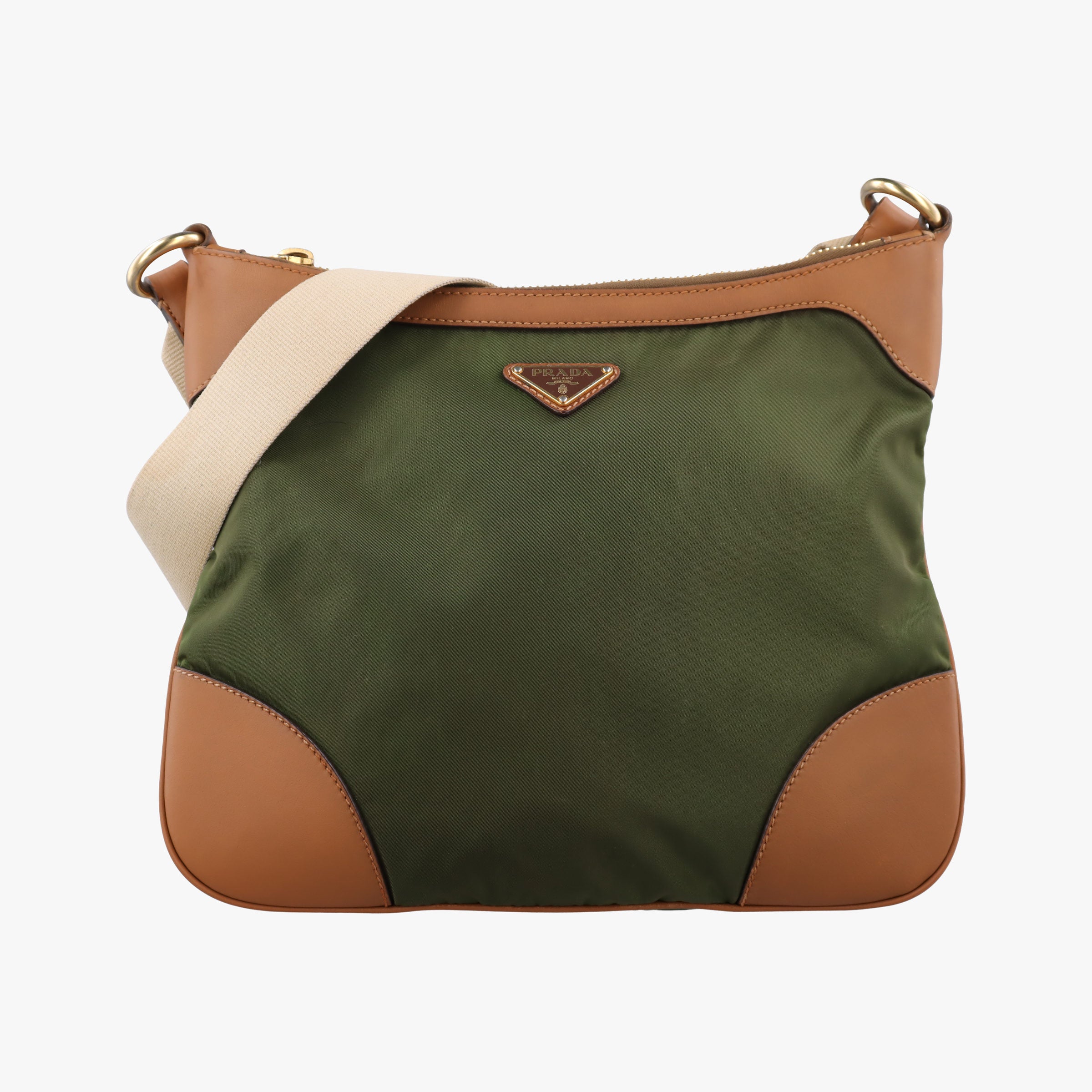 Pre-owned Prada triangle logo Green x brown Nylon x leather  shoulderbag | stylenewstar