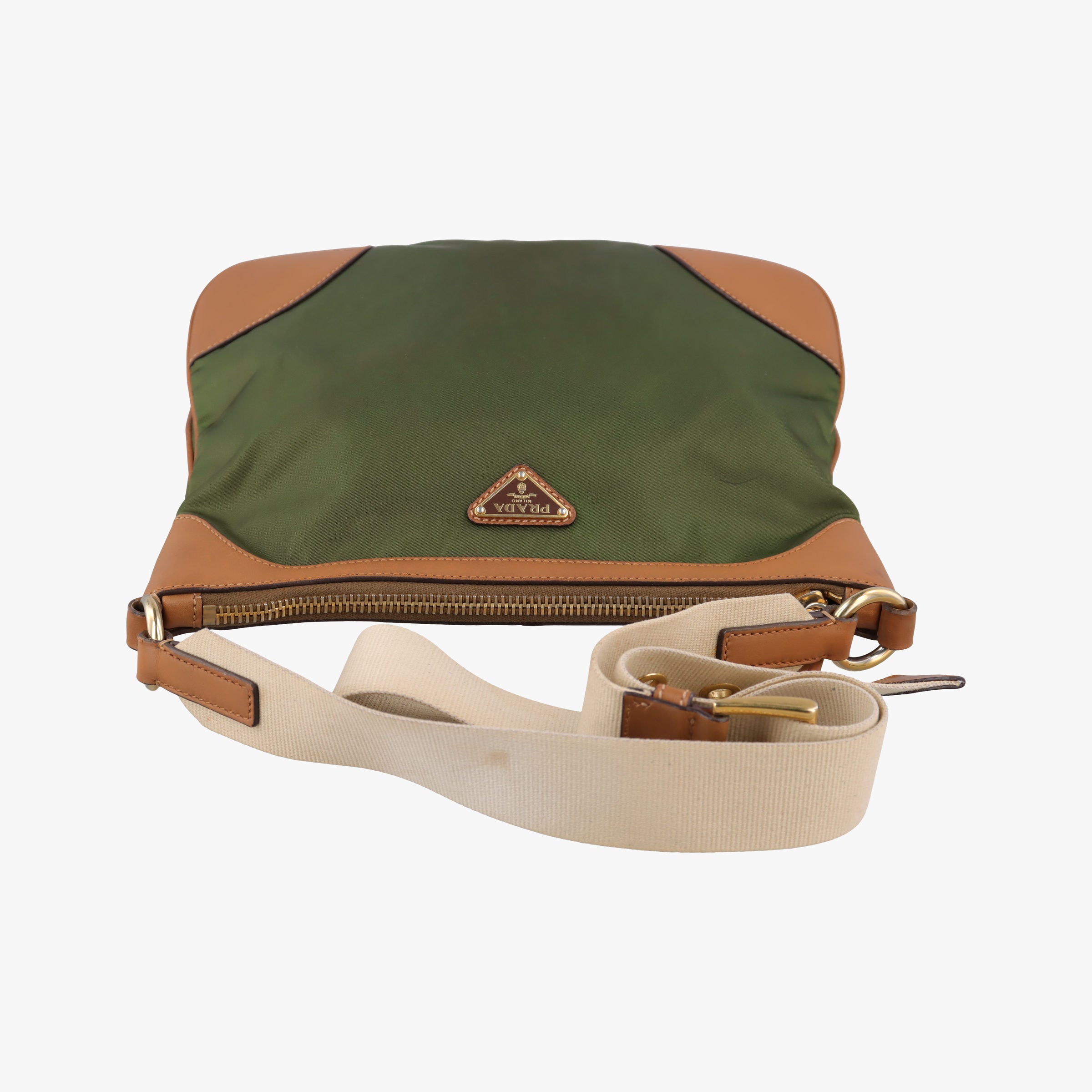 Pre-owned Prada triangle logo Green x brown Nylon x leather  shoulderbag | stylenewstar