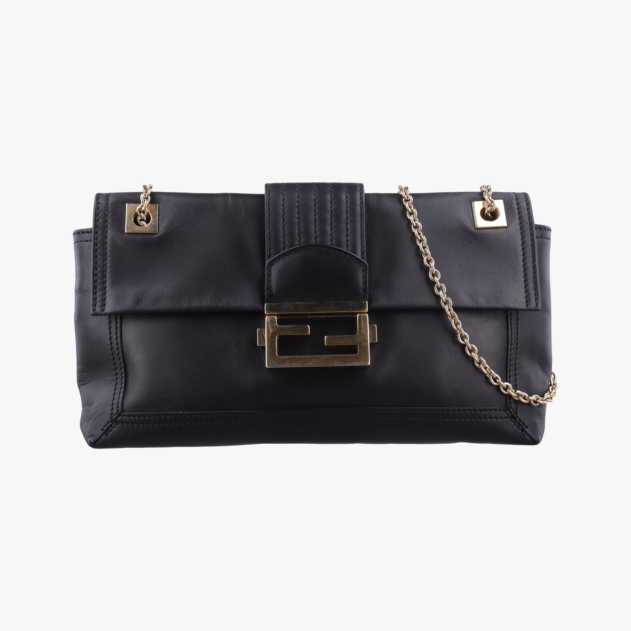 Pre-owned Fendi Baguette Chain Flap Black Leather 8BT139 shoulderbag | stylenewstar