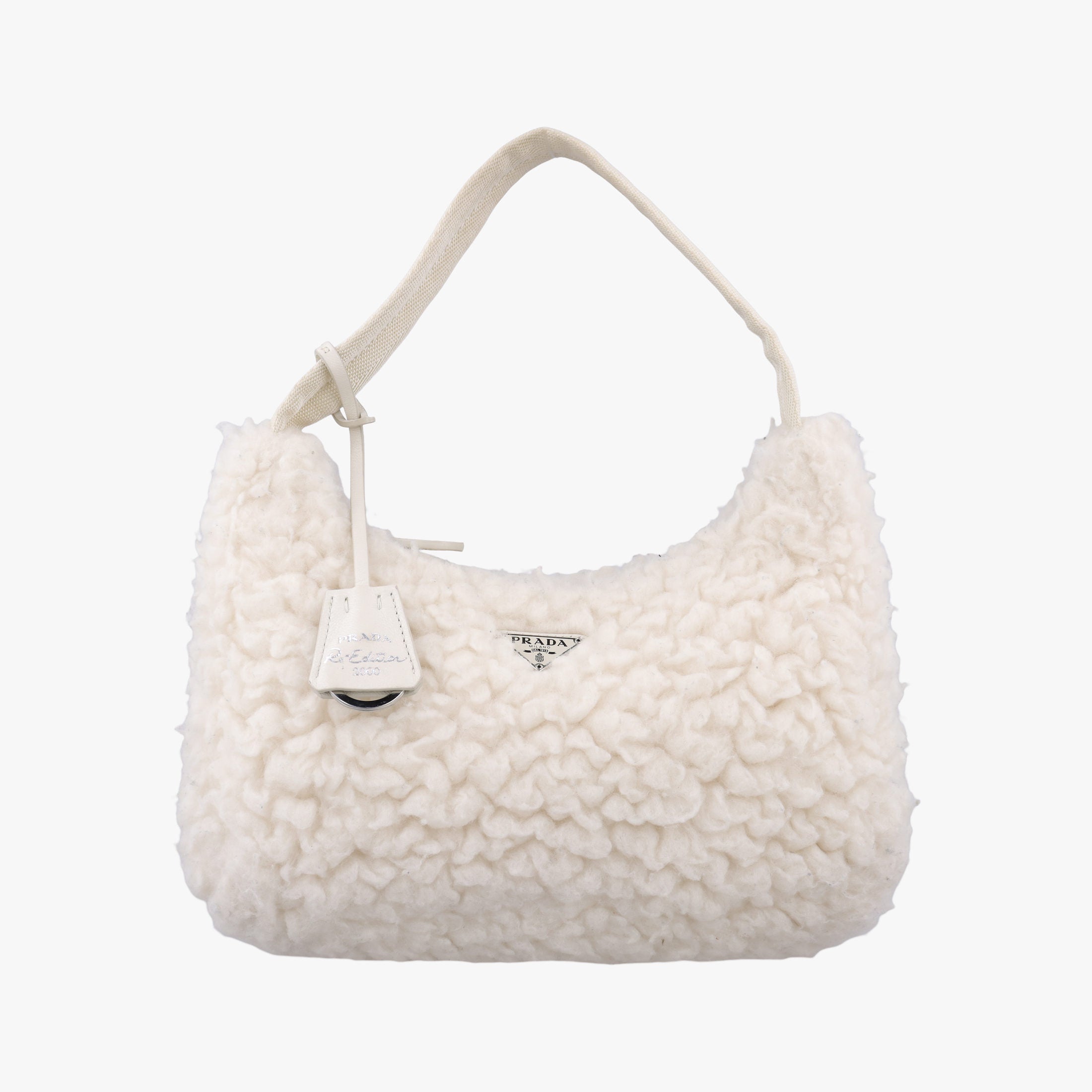 Pre-owned Prada Re-Edition 2000 White Sheep Fur × Nylon Trims 1NE515 handbag | stylenewstar