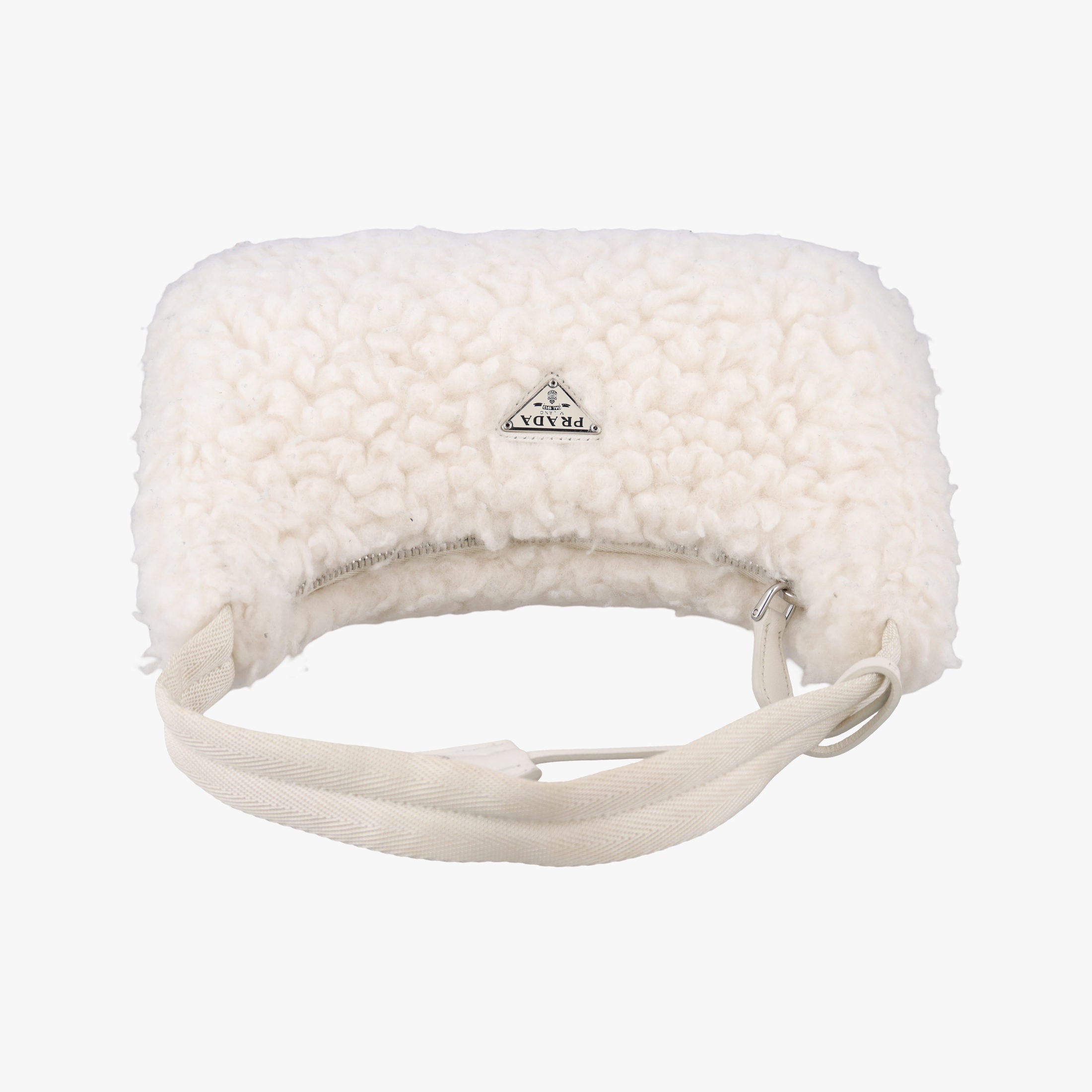 Pre-owned Prada Re-Edition 2000 White Sheep Fur × Nylon Trims 1NE515 handbag | stylenewstar