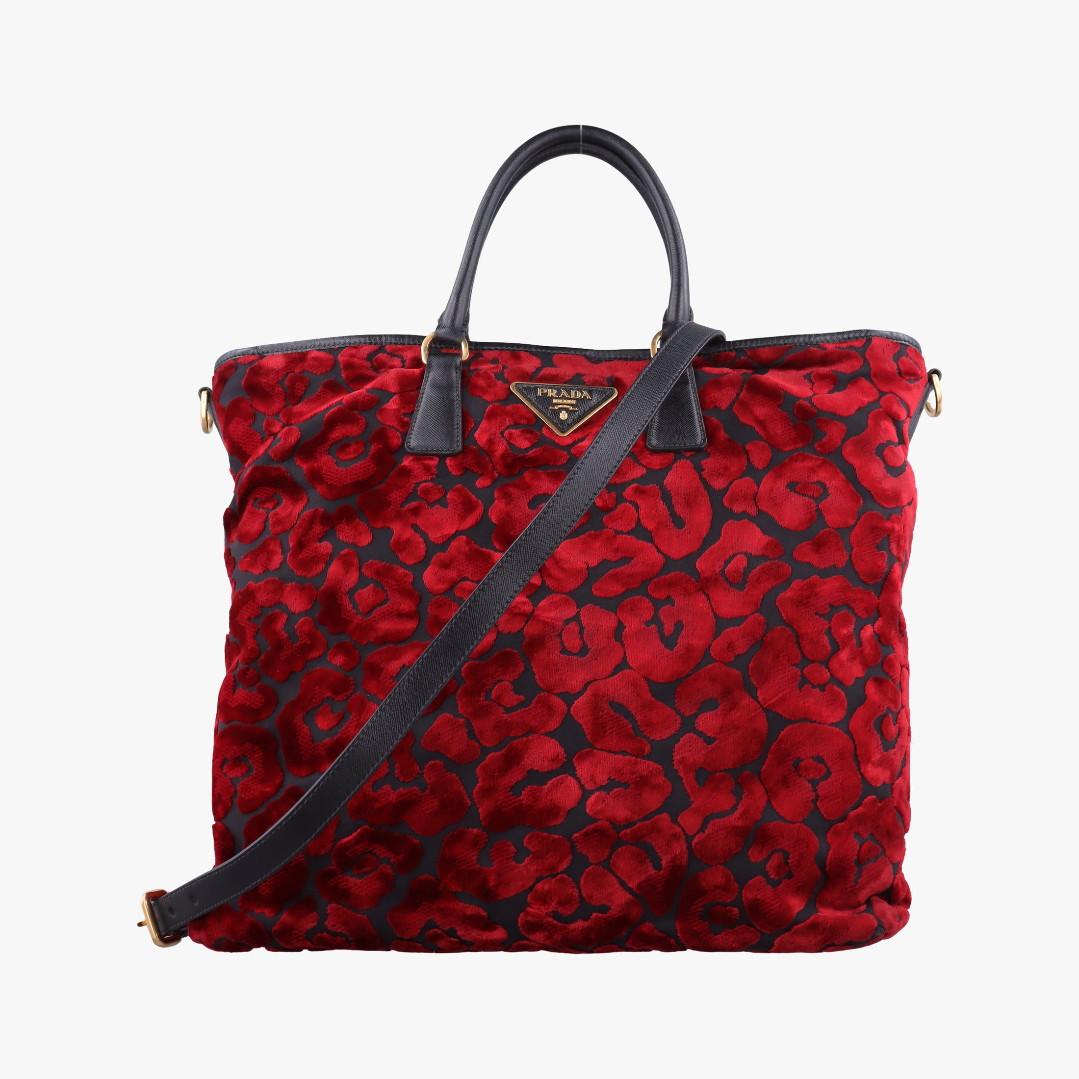 Vintage Prada Tessuto Stampato Red × Black Velvet × Saffiano Leather BN1877 shoulderbag | stylenewstar