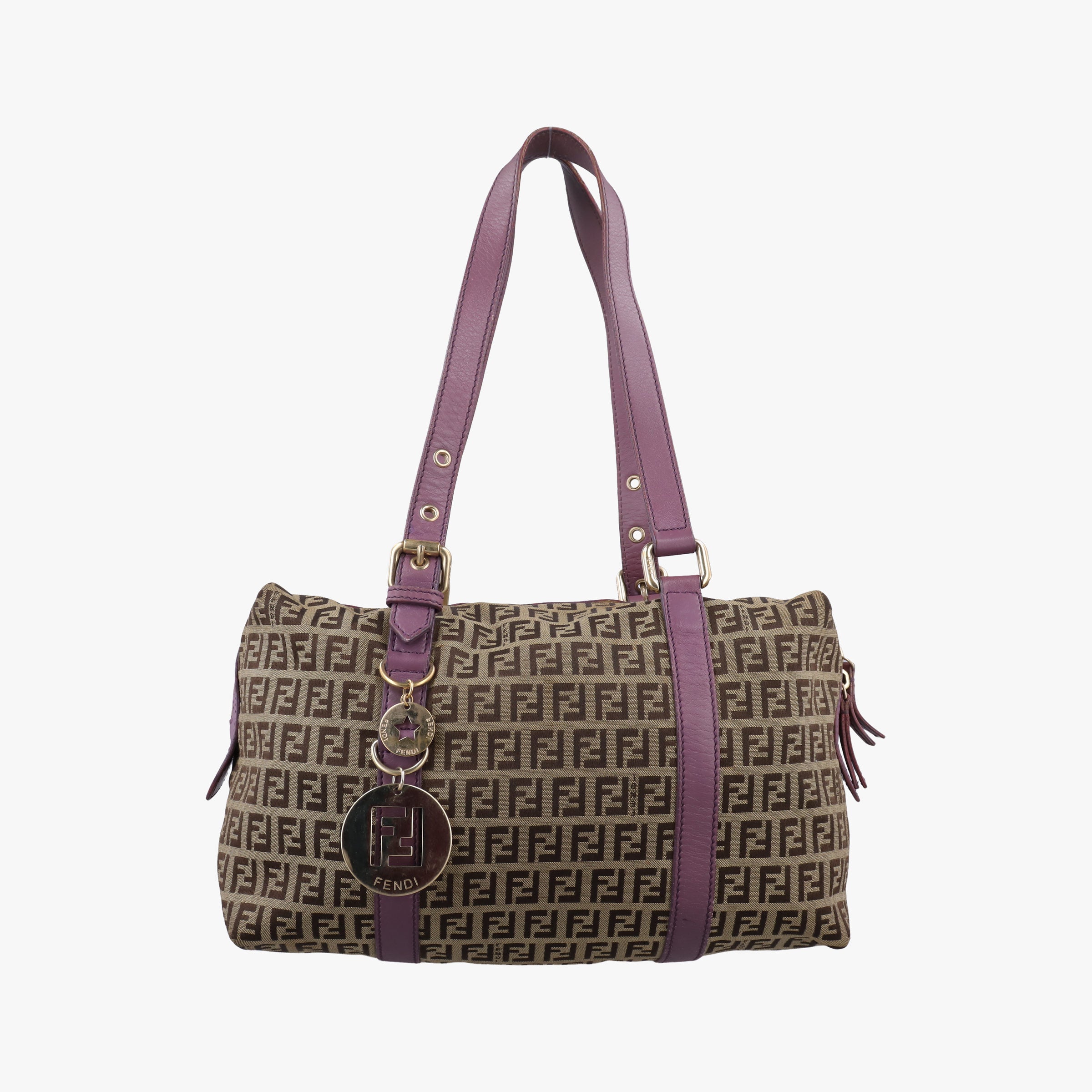 Pre-owned Fendi Zucchino Glitter Logo Tobacco × Purple × Magenta Canvas × Leather 8BL106 handbag | stylenewstar