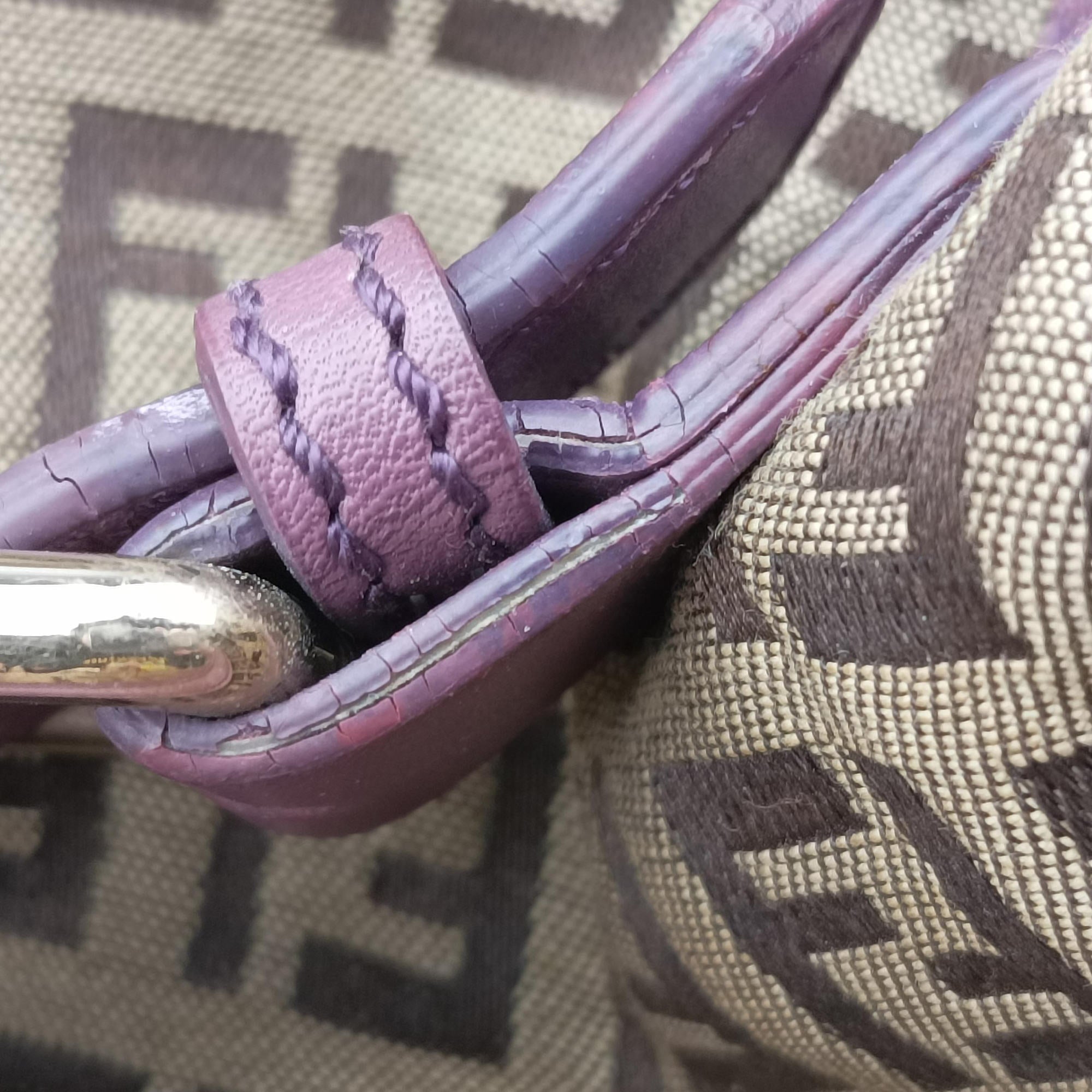 Pre-owned Fendi Zucchino Glitter Logo Tobacco × Purple × Magenta Canvas × Leather 8BL106 handbag | stylenewstar