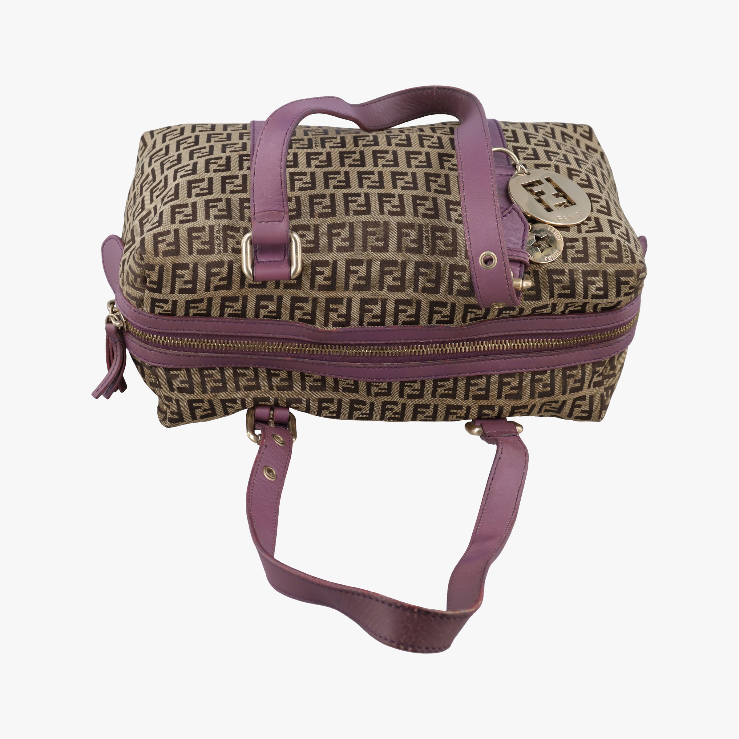 Pre-owned Fendi Zucchino Glitter Logo Tobacco × Purple × Magenta Canvas × Leather 8BL106 handbag | stylenewstar