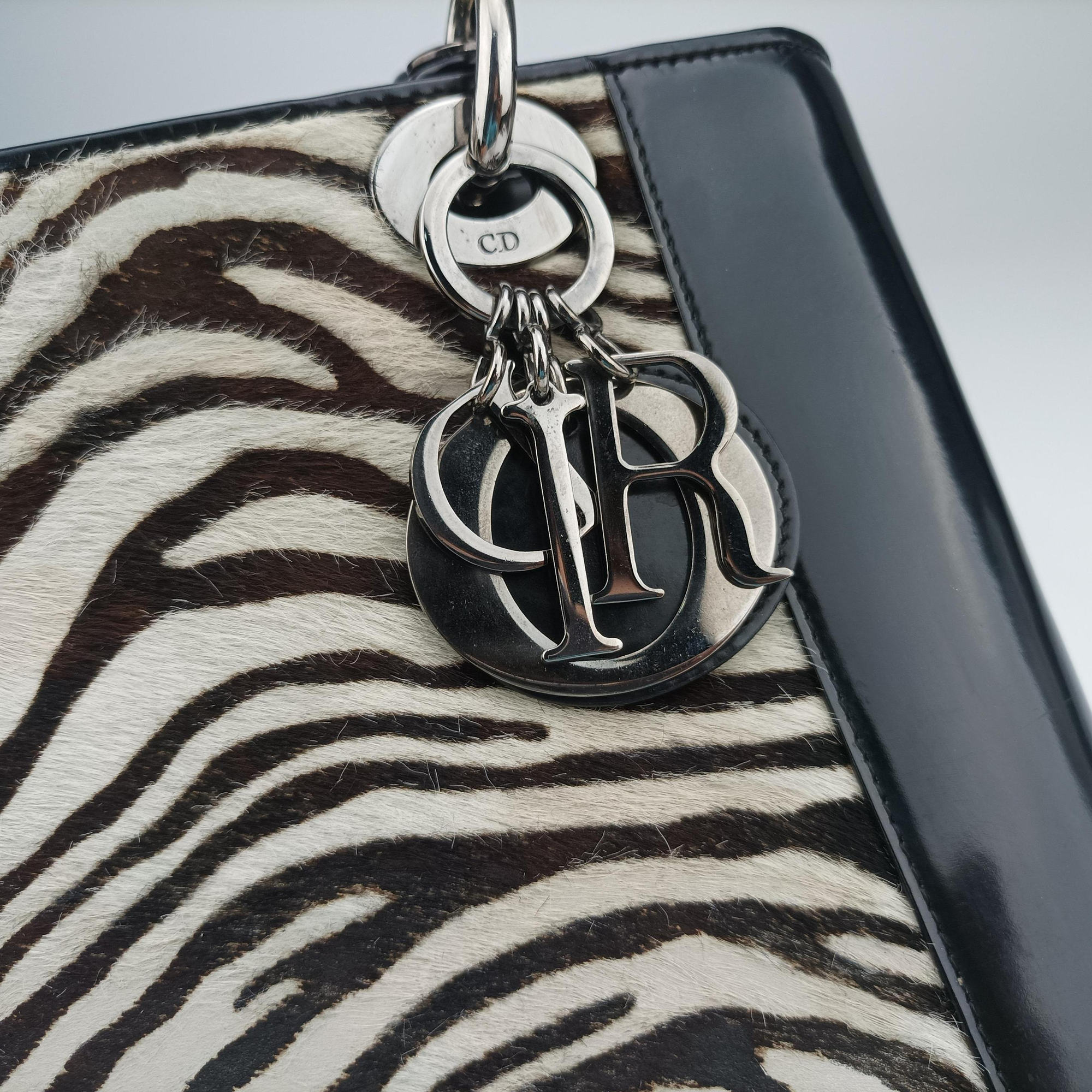 Pre-owned Christian Dior Lady Dior Zebra × Black Pony-style Calfskin × Calf Leather  handbag | stylenewstar