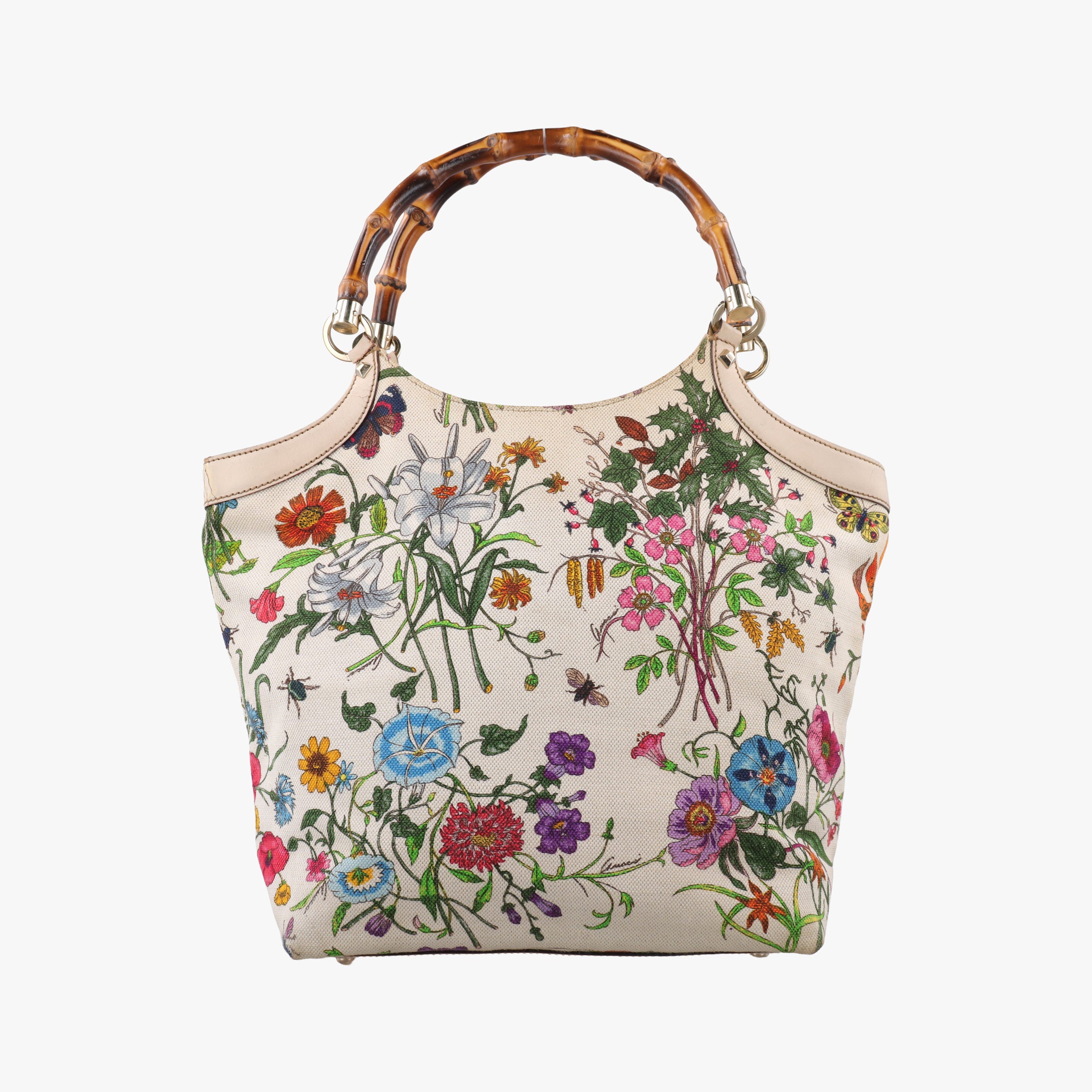 Vintage Gucci Bamboo Floral White×multicolor canvas×leather 137394 handbag | stylenewstar