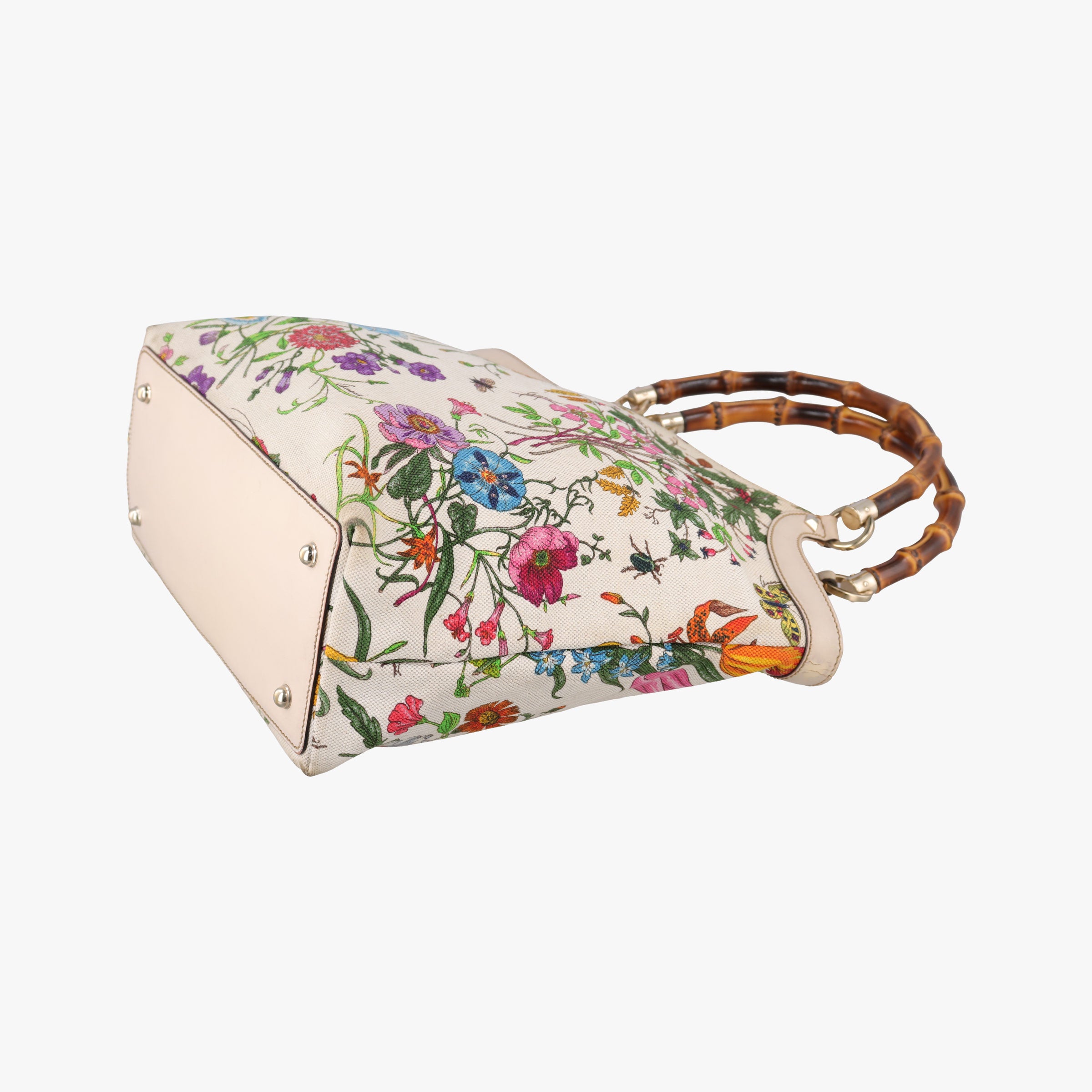 Vintage Gucci Bamboo Floral White×multicolor canvas×leather 137394 handbag | stylenewstar