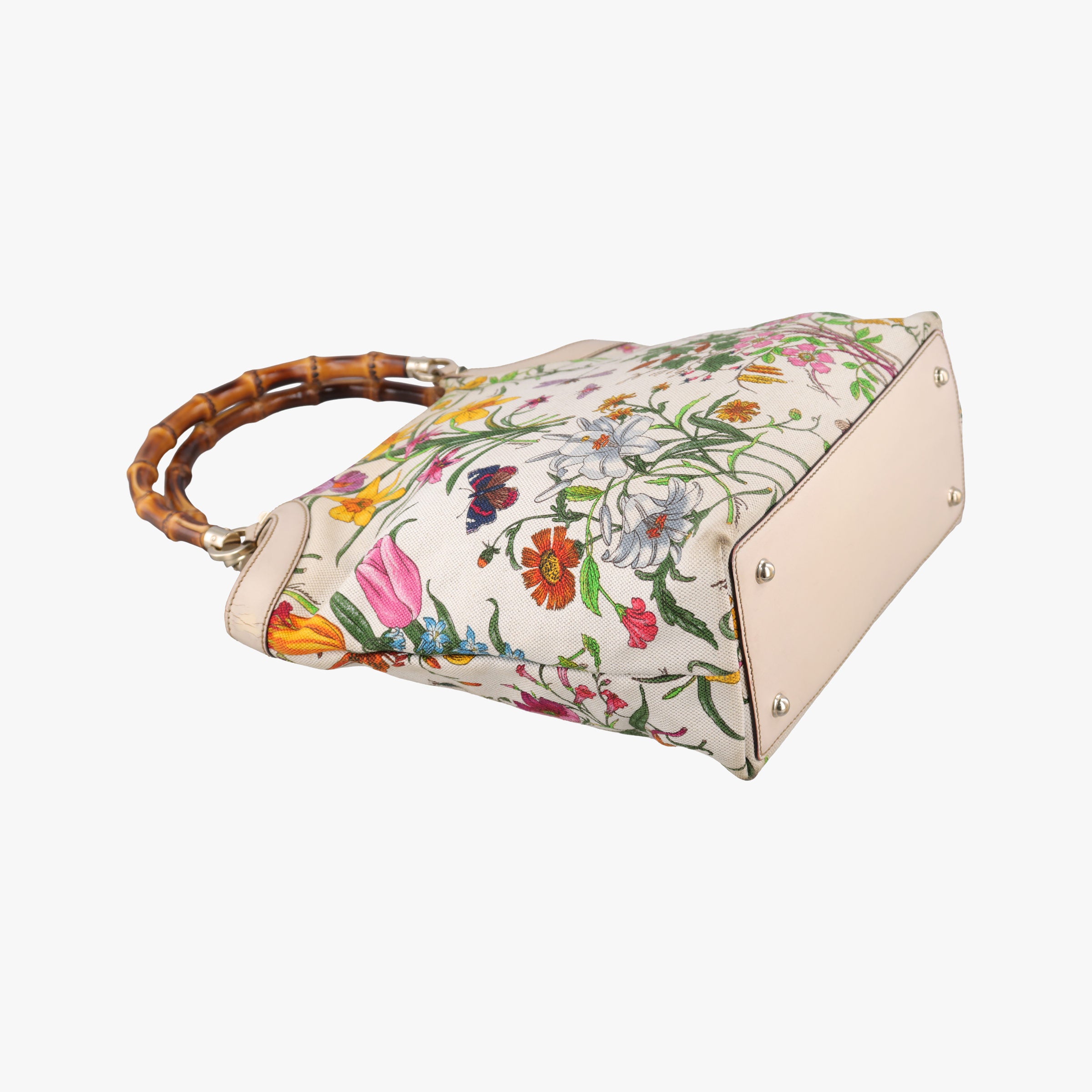 Vintage Gucci Bamboo Floral White×multicolor canvas×leather 137394 handbag | stylenewstar