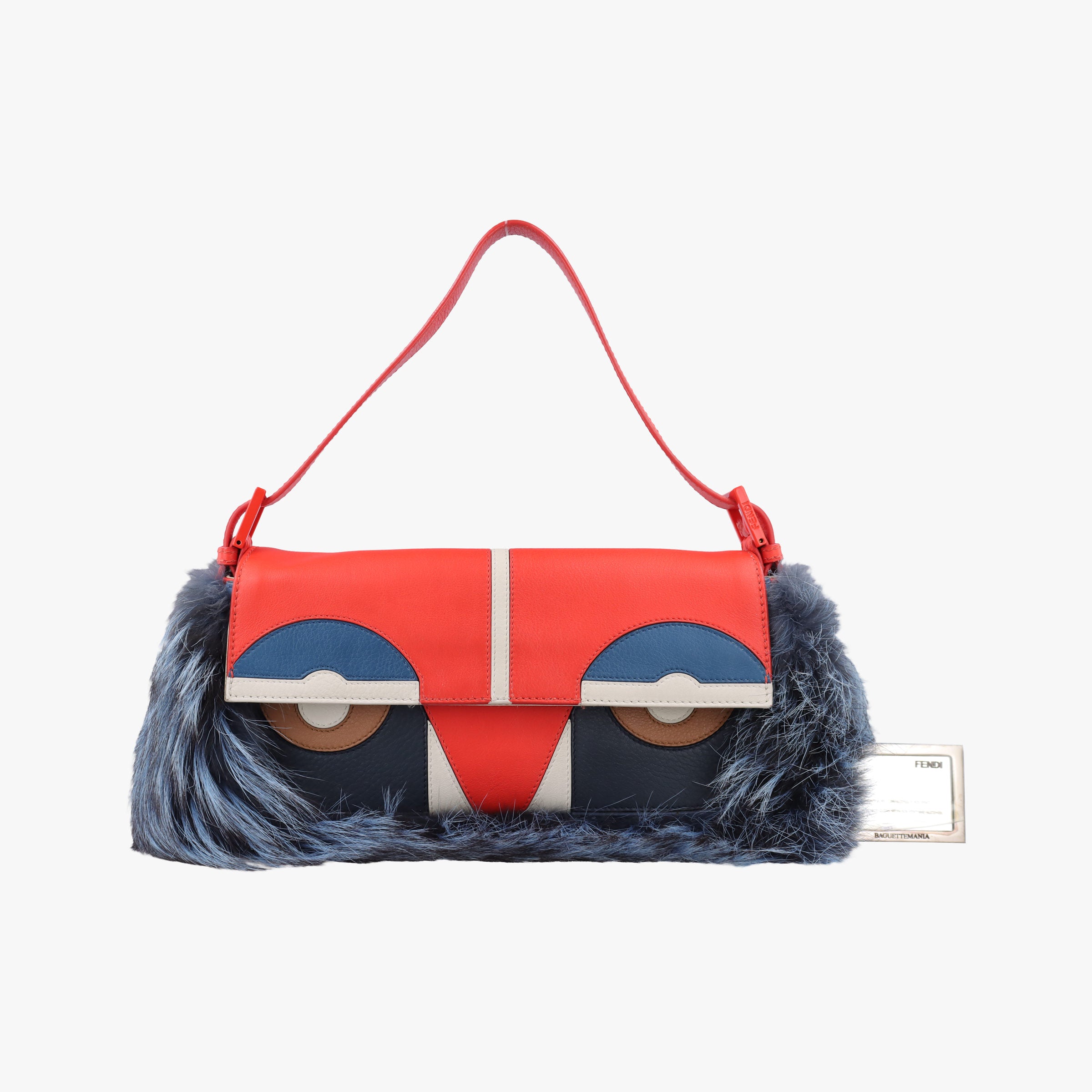 Pre-owned Fendi Bag Bugs Monster Red × Blue Calfskin × Fox Fur × Mink  handbag | stylenewstar