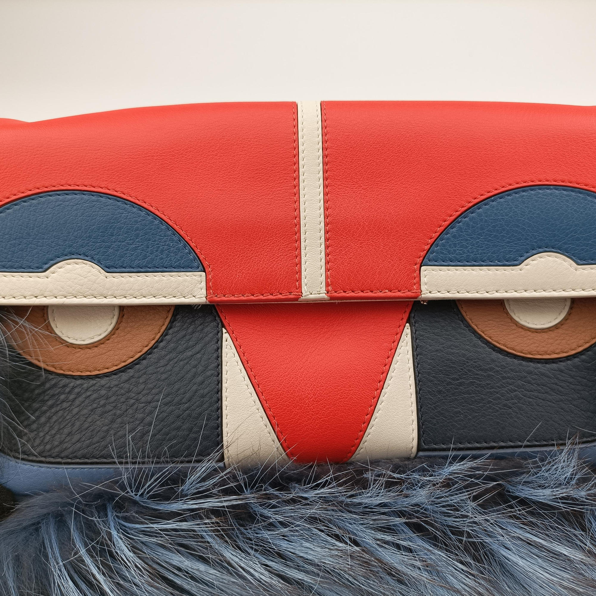 Pre-owned Fendi Bag Bugs Monster Red × Blue Calfskin × Fox Fur × Mink  handbag | stylenewstar