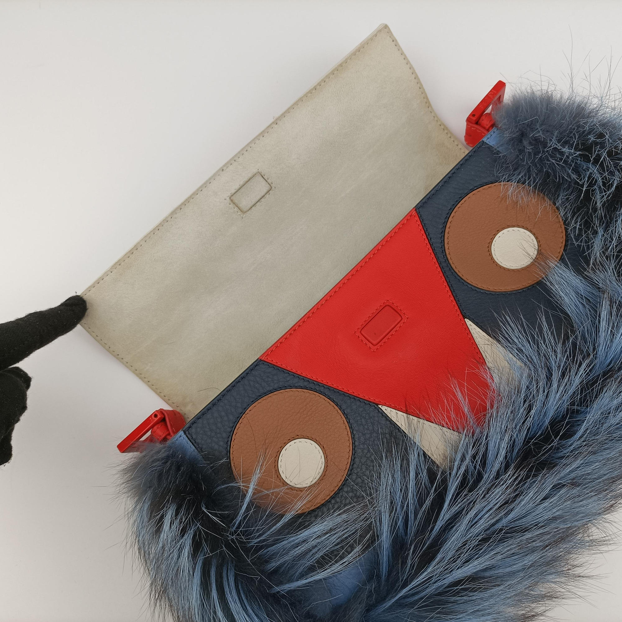 Pre-owned Fendi Bag Bugs Monster Red × Blue Calfskin × Fox Fur × Mink  handbag | stylenewstar