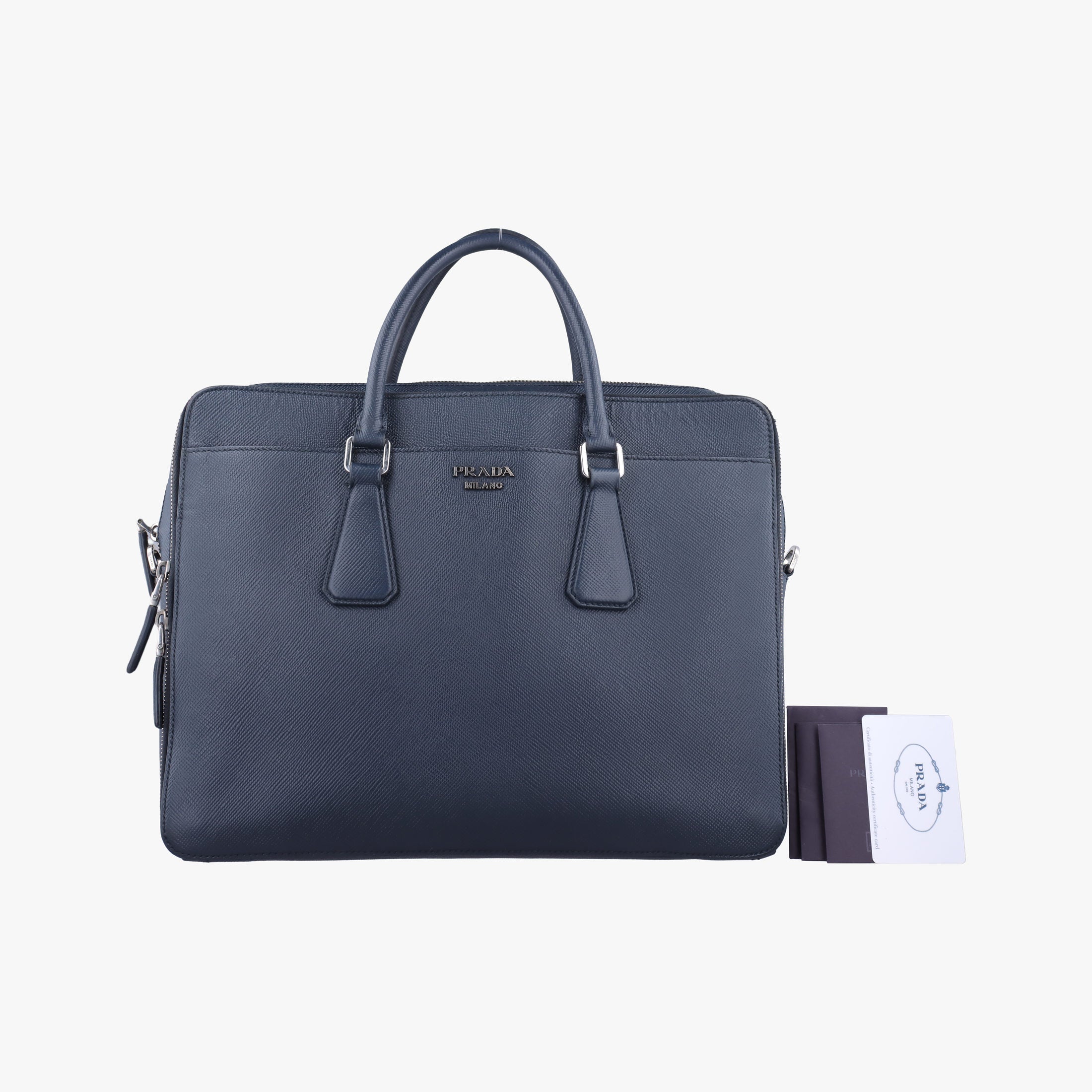 Pre-owned Prada Business Briefcase Navy SAFFIANO Leather 2VE368 handbag | stylenewstar