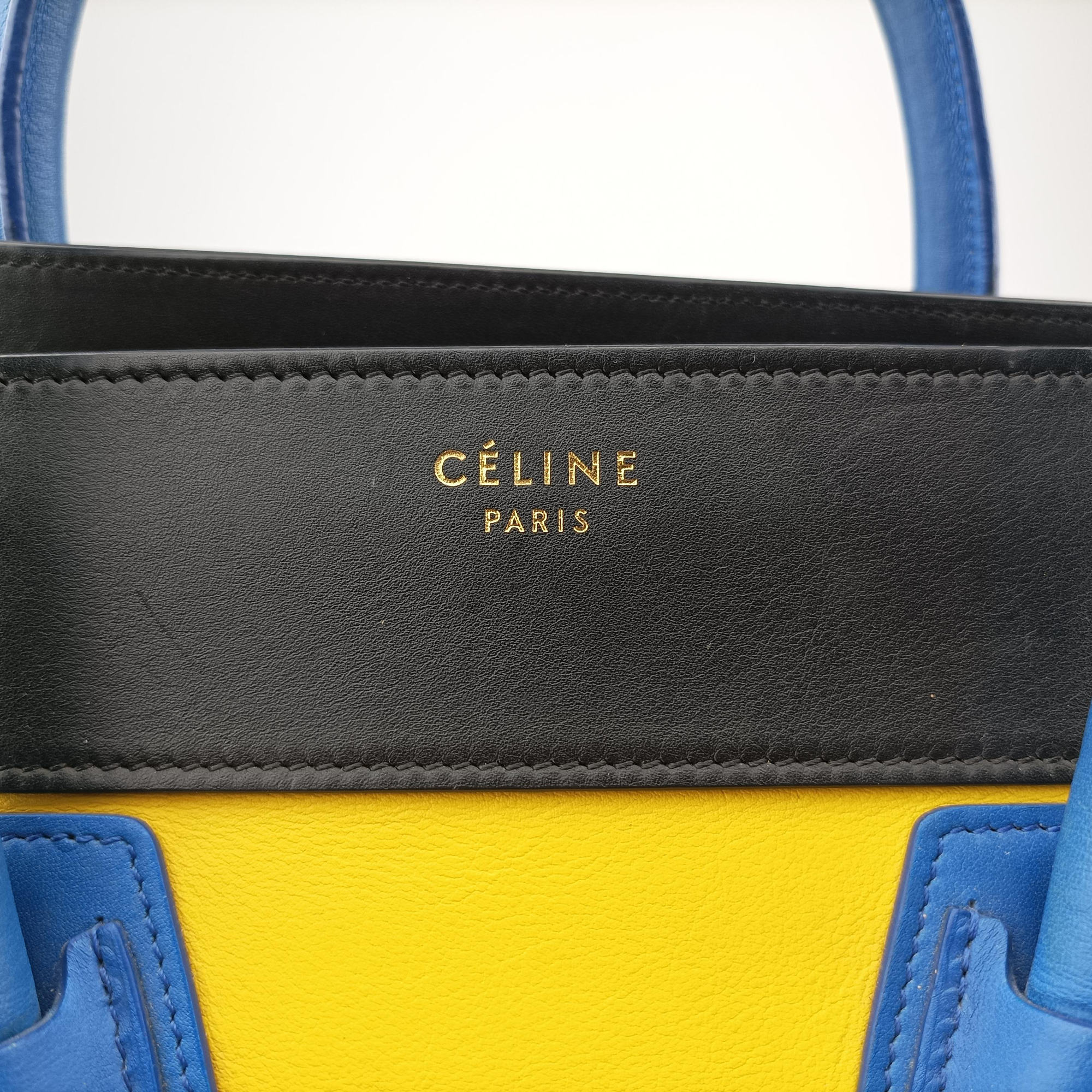 Vintage Celine Luggage Micro shopper Yellow × Black × Orange × Blu Leather  handbag | stylenewstar