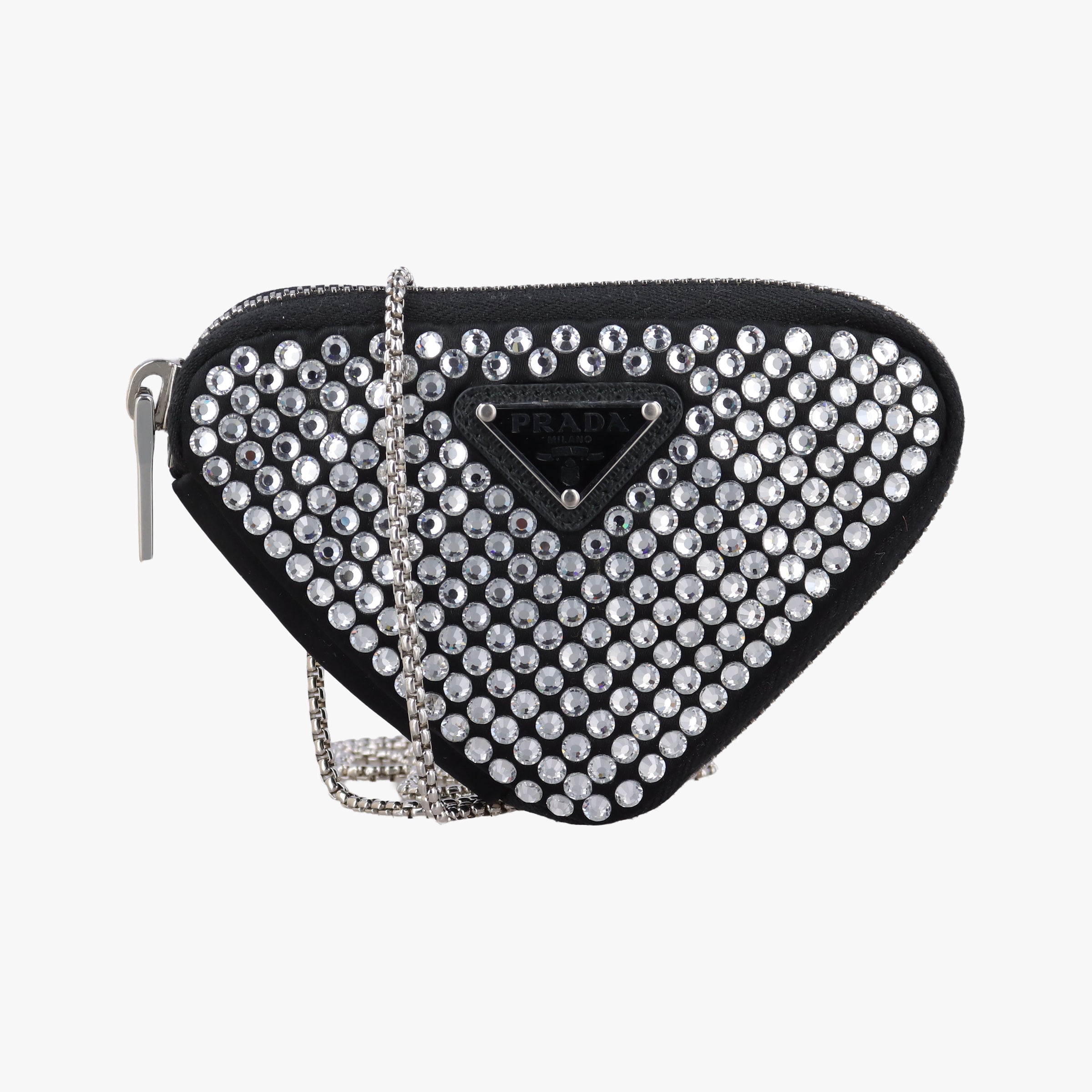 Pre-owned Prada Triangle Crystal Black Leather 1NR015 shoulderbag | stylenewstar