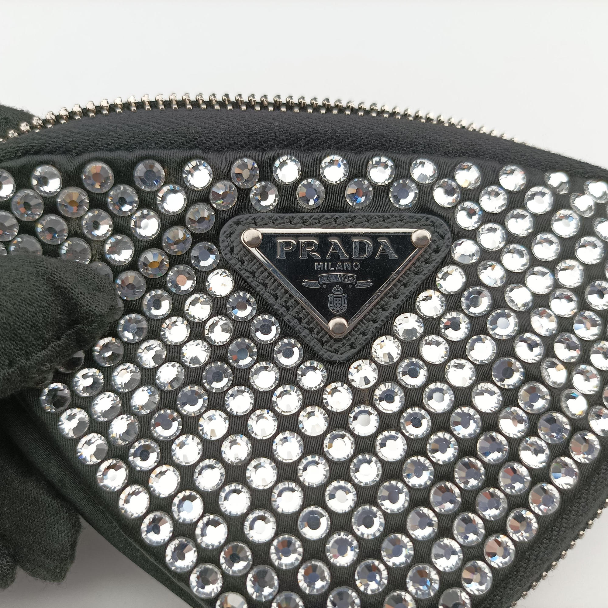 Pre-owned Prada Triangle Crystal Black Leather 1NR015 shoulderbag | stylenewstar