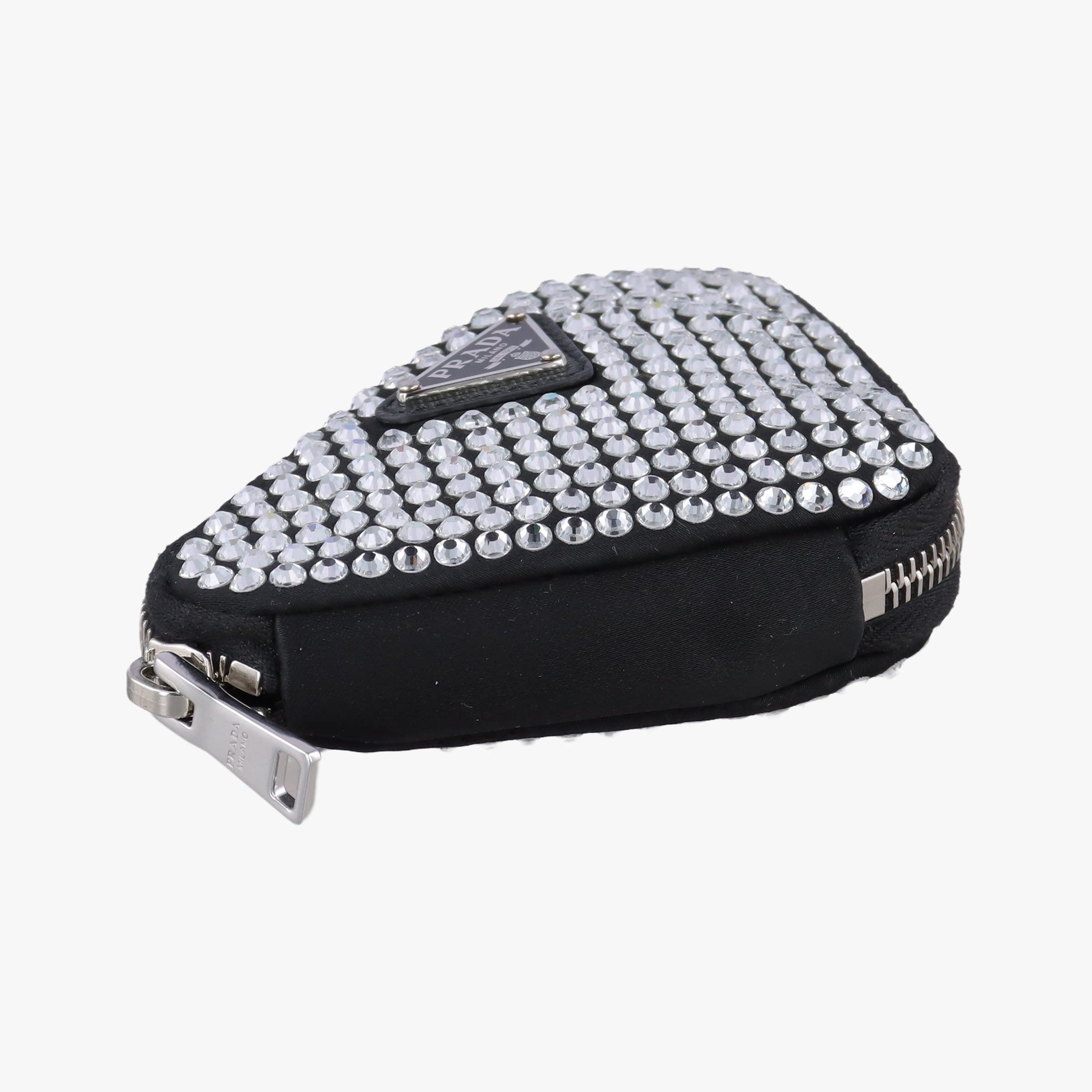 Pre-owned Prada Triangle Crystal Black Leather 1NR015 shoulderbag | stylenewstar